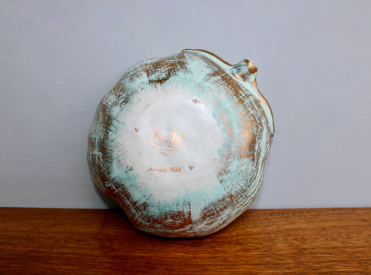 1957 Stangl Potteries Apple Shaped Bowl In Antique Gold - STANGL of Trenton New Jersey - Brushed Gold over Green Glaze