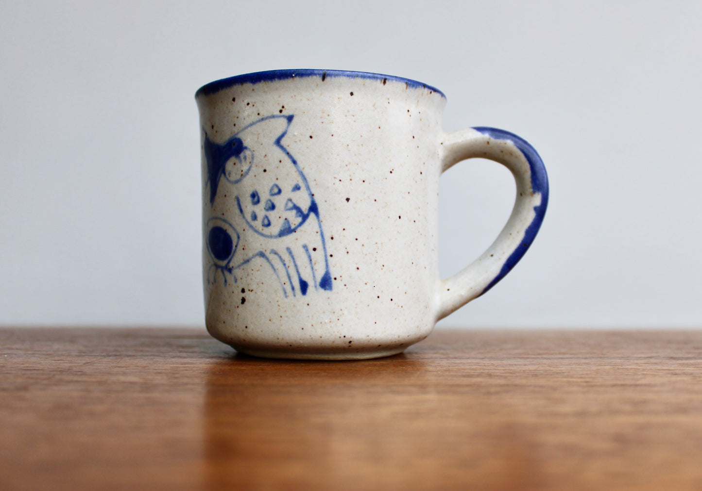 1970s Otagiri Owl Mug, Classic Indigo Line-Work Owl on Blue-Grey w/ Swiped Blue Handle - Sturdy Vitrified Stoneware