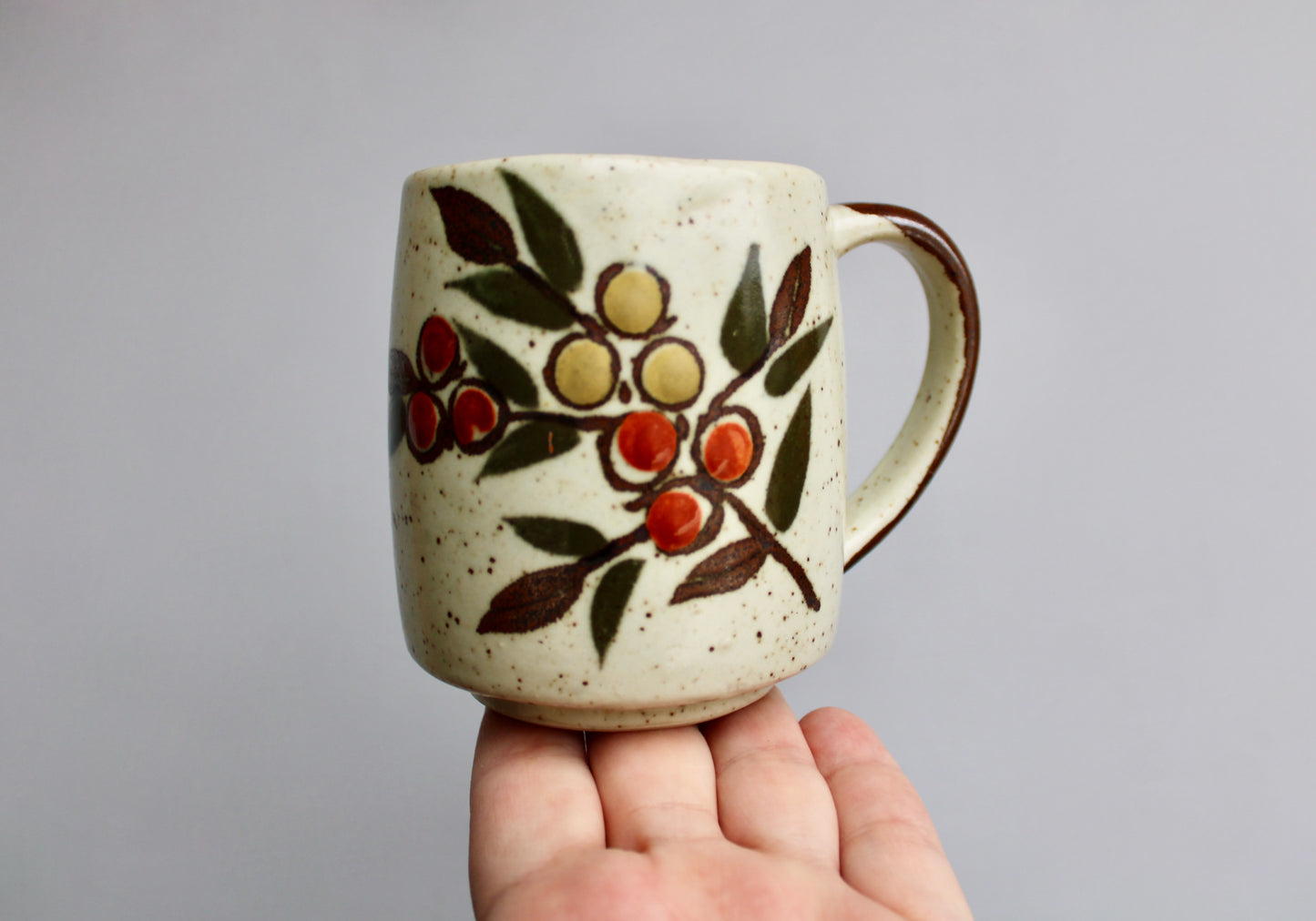 Otagiri Mid Century Japanese OMC Bittersweet Vellum Glazed Stoneware Mug, Orange & Yellow Berries w/ Dark Verdant Leaves in Relief - A Textural Wonderland of a Mug