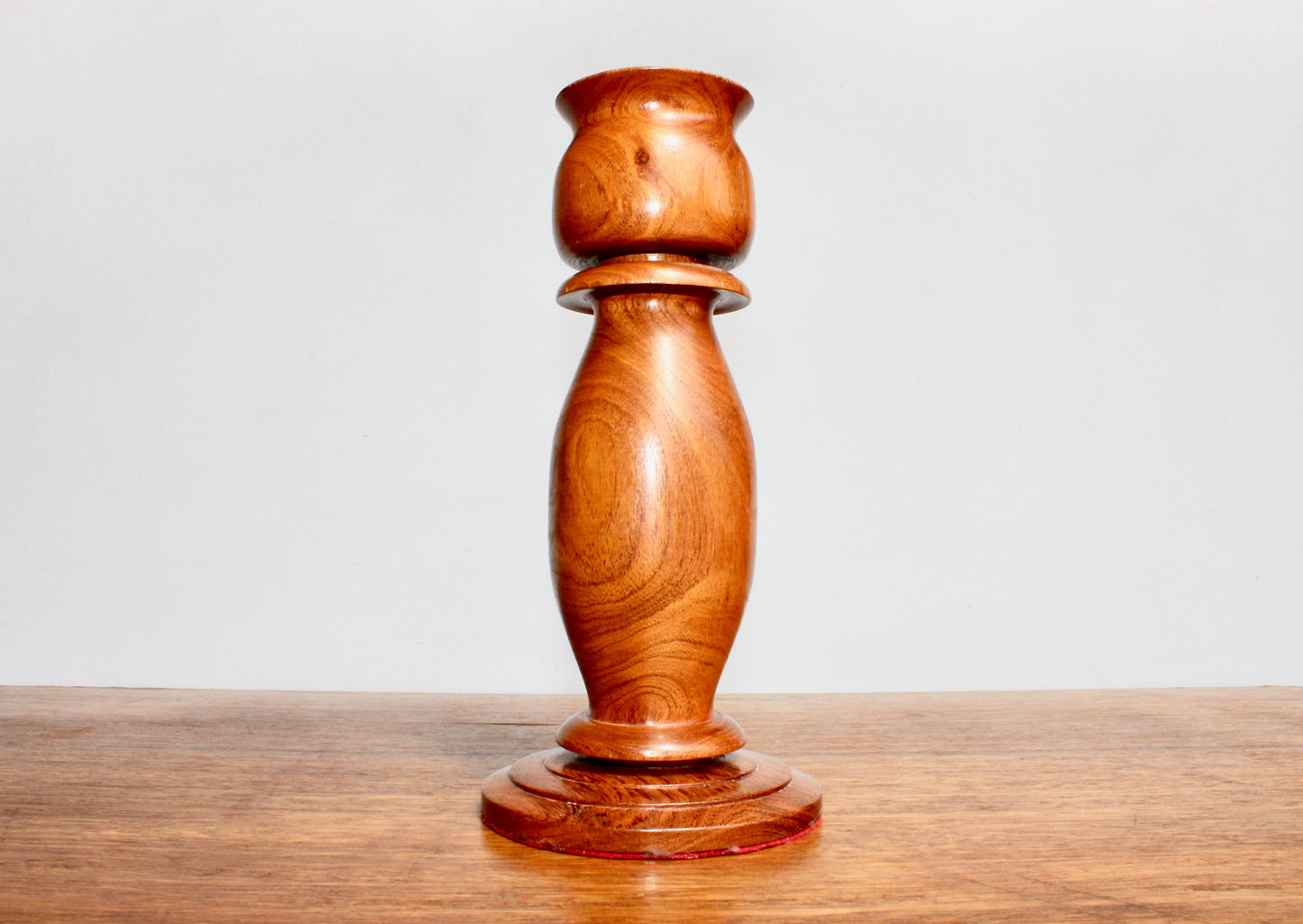 Handcrafted Teak 8.75" Tall Candleholder, Vintage Hand-Turned Hardwood w/ Excellent Grain, Fits Standard Tapers