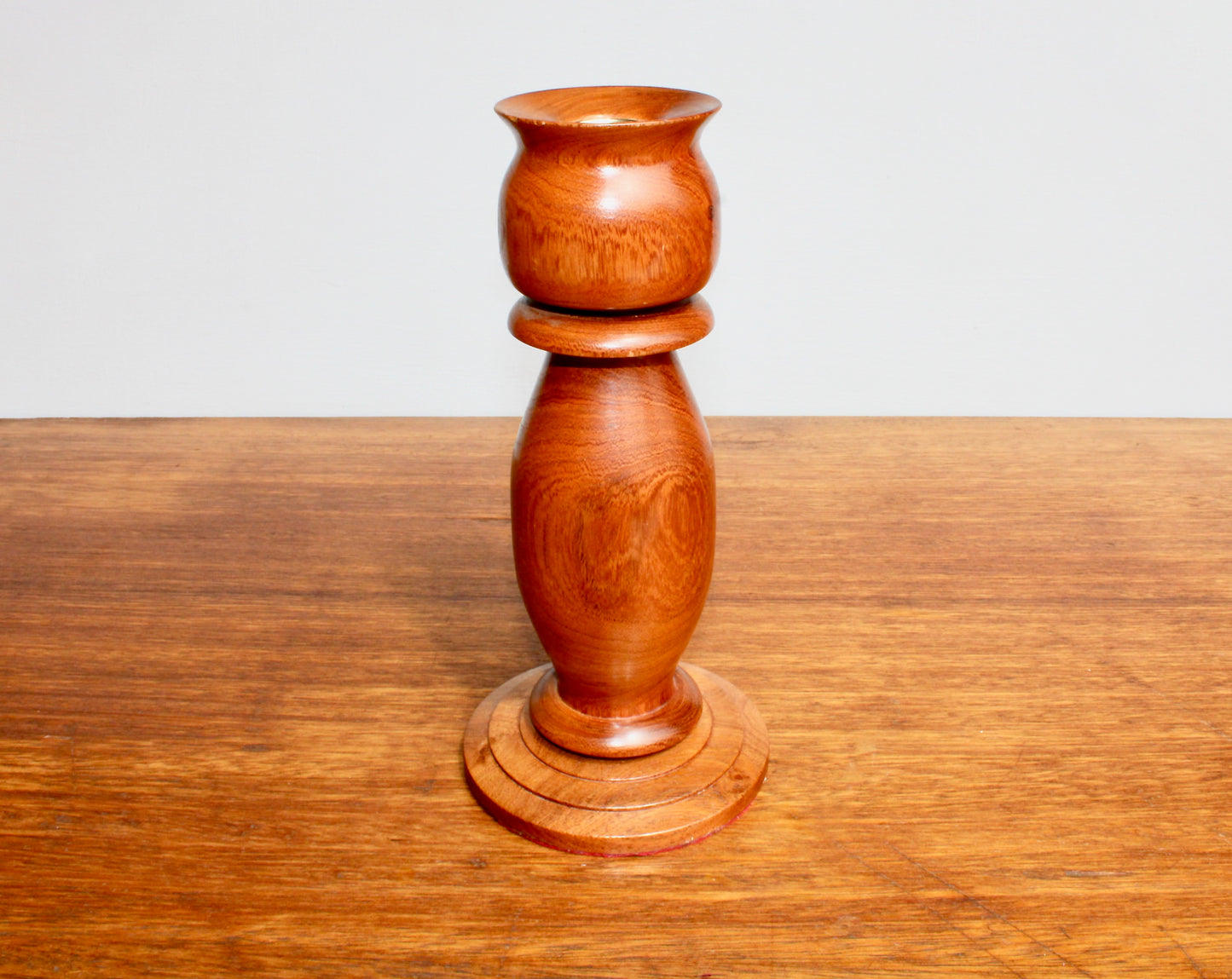 Handcrafted Teak 8.75" Tall Candleholder, Vintage Hand-Turned Hardwood w/ Excellent Grain, Fits Standard Tapers