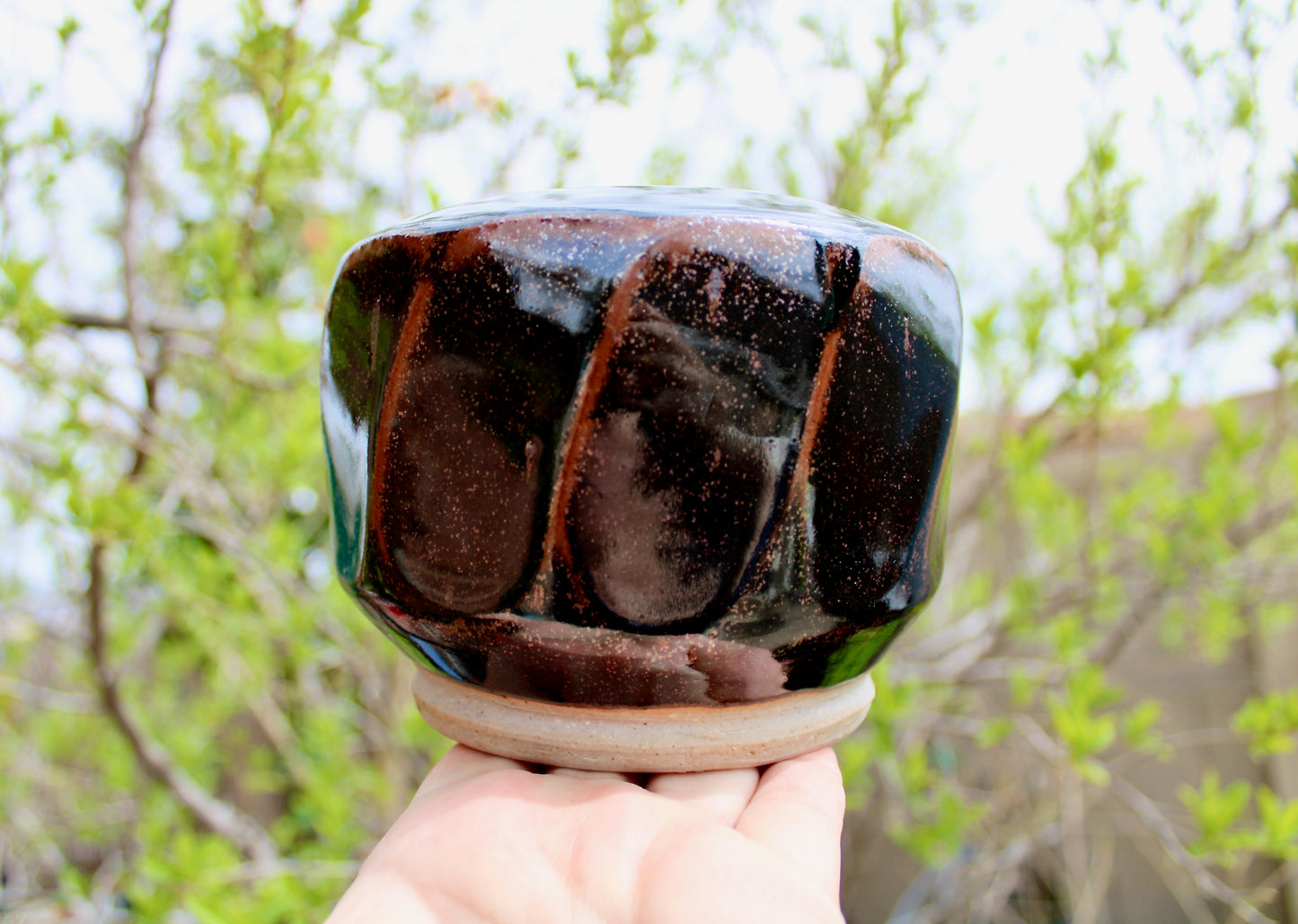 AI Stoneware Vessel Tenmoku Glazed Faceted Sides, Signed AI, Vtg Handcrafted Studio Pottery