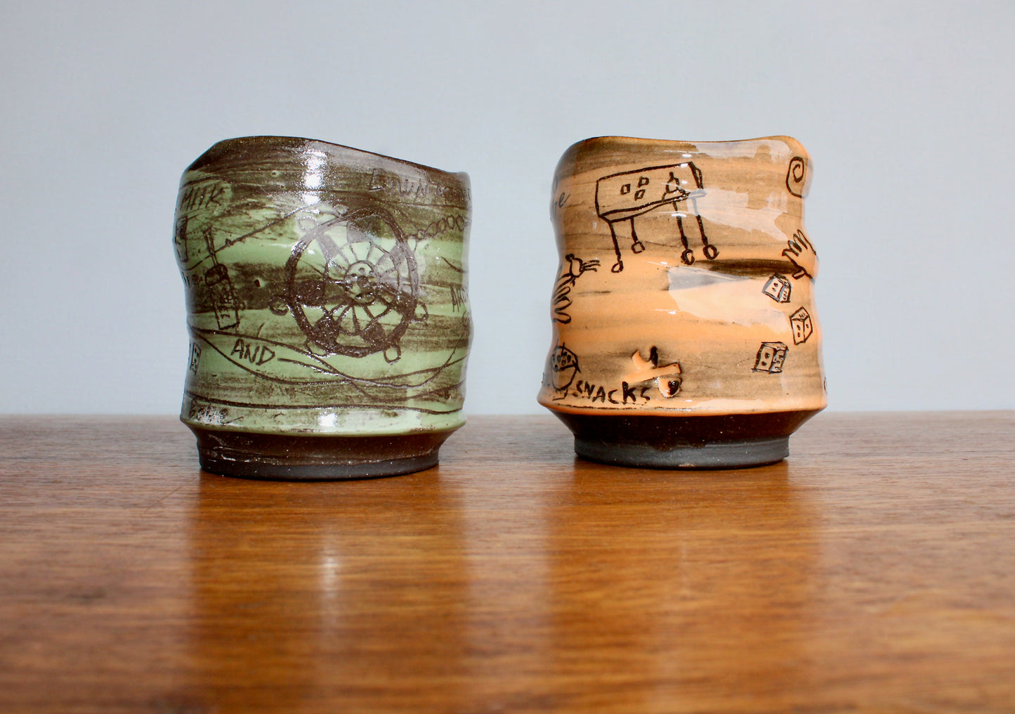 Bunko Babe Orangey Yunomi Tumbler "Yum Table Snacks" Bunco Dice Game Themed Teabowl - Handcrafted Studio Pottery