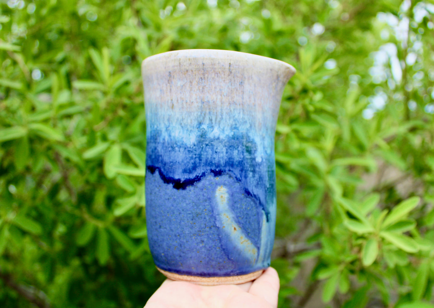 Kempton Studio Pottery, Vellum Blue Modern Spouted 5.5" Vessel, Overlapping Deep Dimensional Glazes