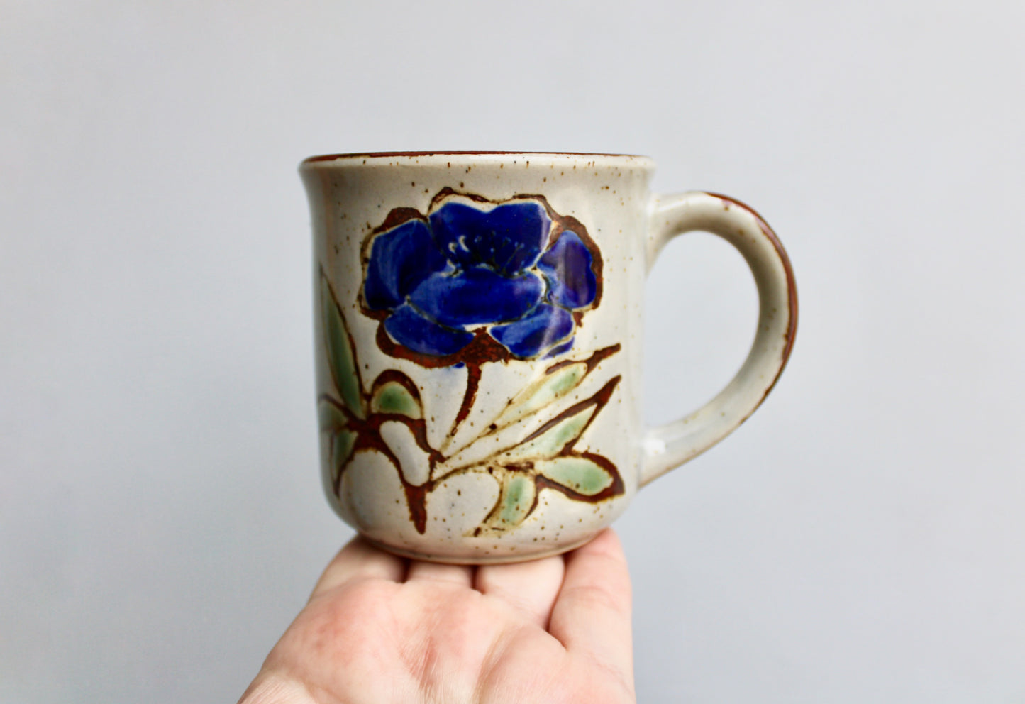 SOLD: 1970s Vtg Otagiri Mug, Huge Blue Flower - Color Literally Coming at You ! Classic Modern Japanese Pottery Vintage Tankard Style Coffee Mug