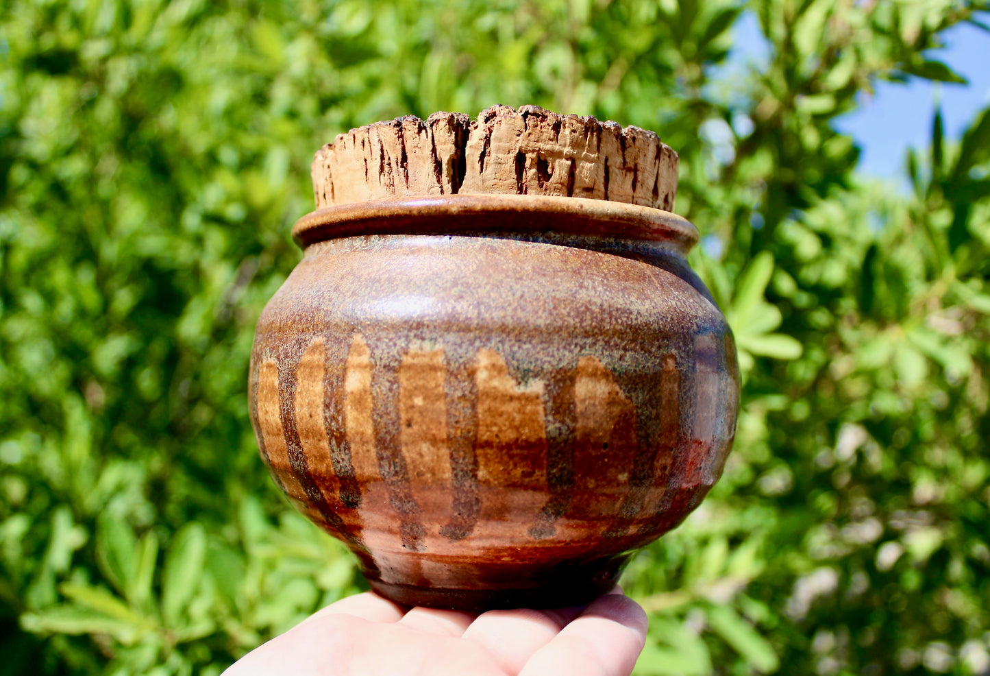 Raku Studio Pottery Jar w/ Natural Cork Lid - Orangey Drip Decor Shino Glazed Vtg Functional Handcrafted Wheel Thrown Pottery
