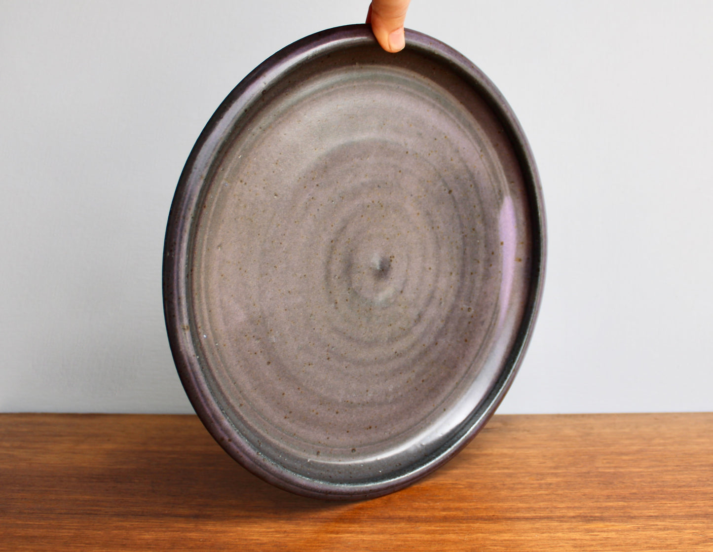 Large Rimmed Plate, Charcoal Purple Glazed Stoneware, Vintage Handcrafted Studio Pottery