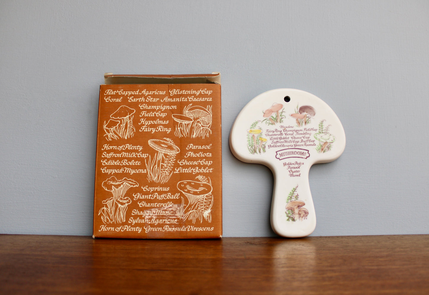1980 AVON Mushroom Trivet, Spoon Rest, Collectible Shallow Dish Decorated in Many Mushrooms, Original Box & Foil Label