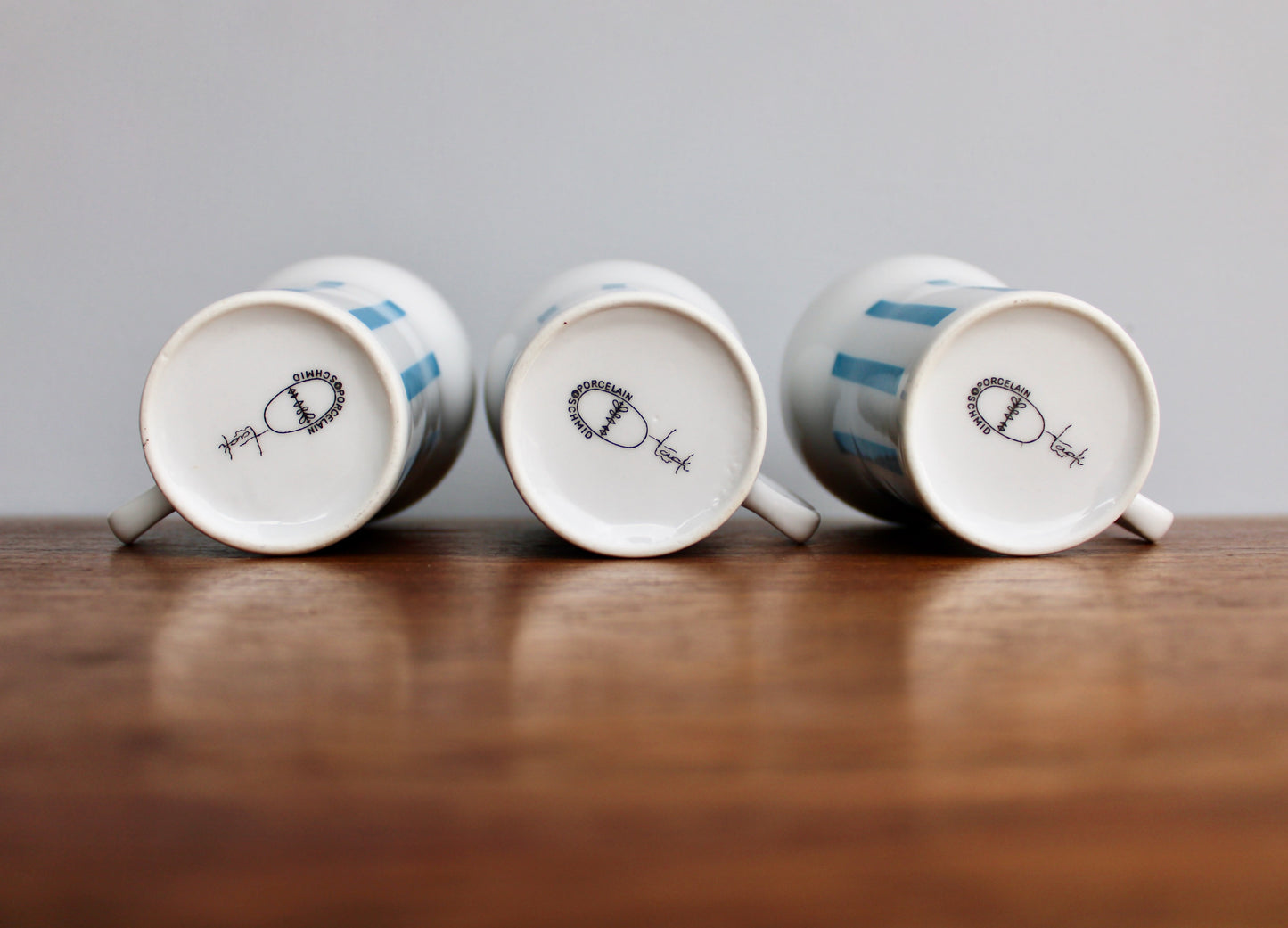 "Everyone Loves Ice Cream and Candy" 3 Beautiful Schmid Tackett - Large Mugs Designed by LaGardo Tackett, Mid Century Modern Tableware, Blue Stripe Porcelain