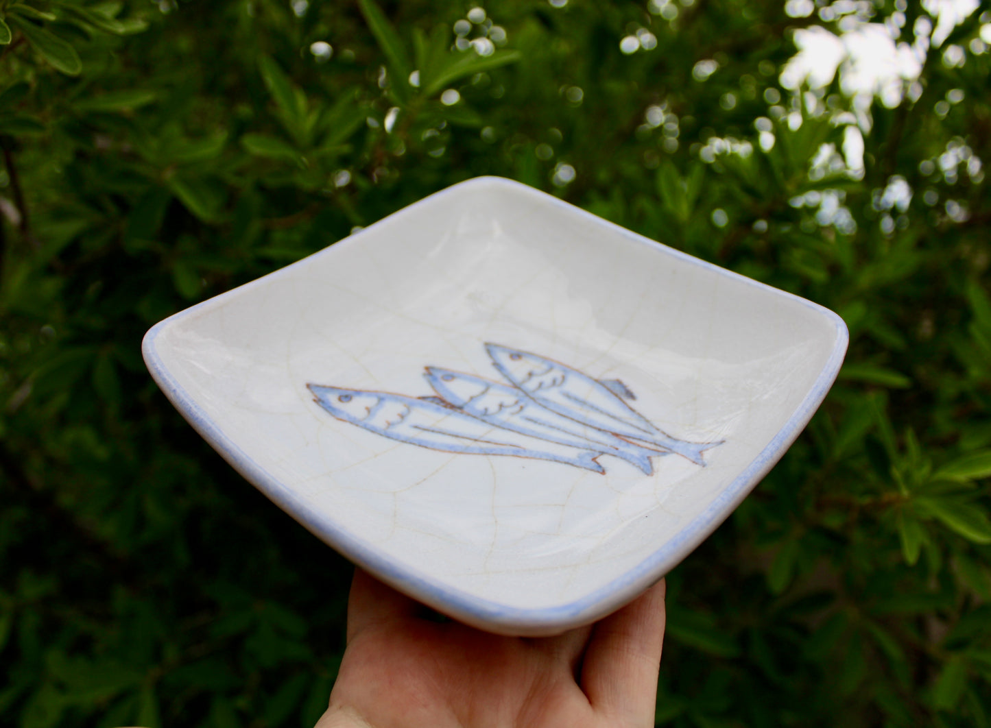 Ernestine Salerno, Trio of Sardine-like Fishes Tin White w/ Baby-Blue Rim, Vintage Mid 20th Century - Italy 1950s