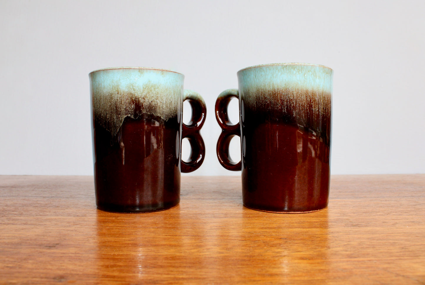 Pair of Evangeline Pottery Canada Trigger Mugs - Vintage Canuck Blue Mountain Style Reflowing Fat-Lava Technique - Crafted in Canada