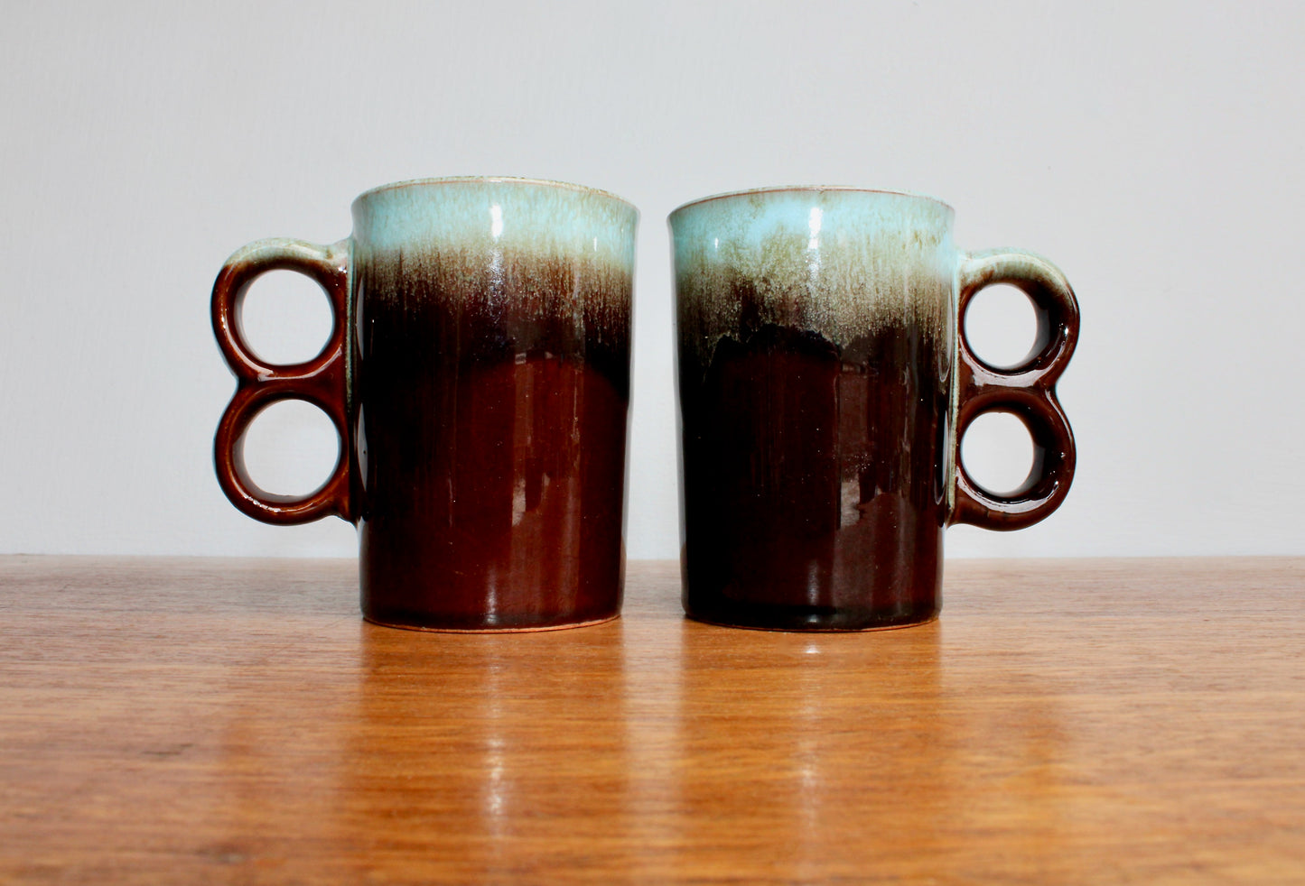 Pair of Evangeline Pottery Canada Trigger Mugs - Vintage Canuck Blue Mountain Style Reflowing Fat-Lava Technique - Crafted in Canada