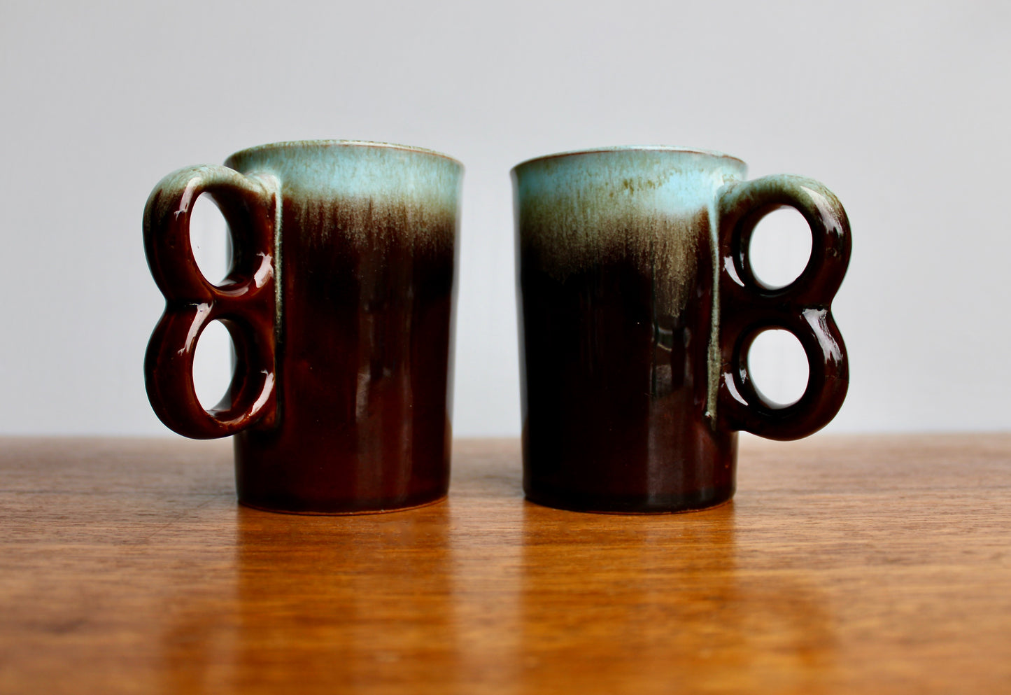 Pair of Evangeline Pottery Canada Trigger Mugs - Vintage Canuck Blue Mountain Style Reflowing Fat-Lava Technique - Crafted in Canada