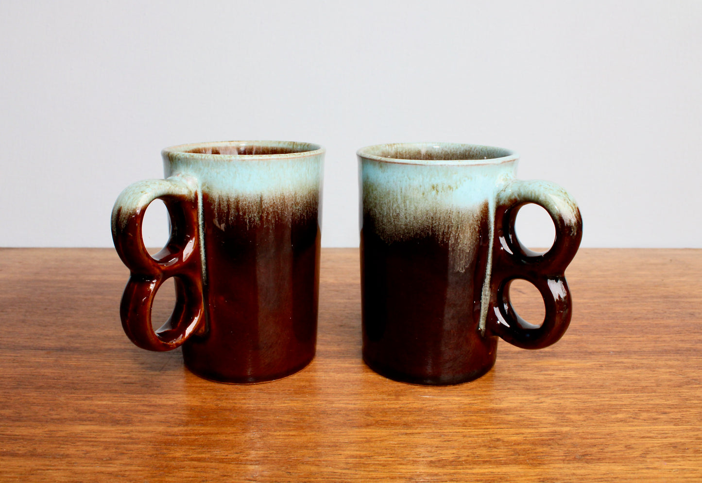 Pair of Evangeline Pottery Canada Trigger Mugs - Vintage Canuck Blue Mountain Style Reflowing Fat-Lava Technique - Crafted in Canada