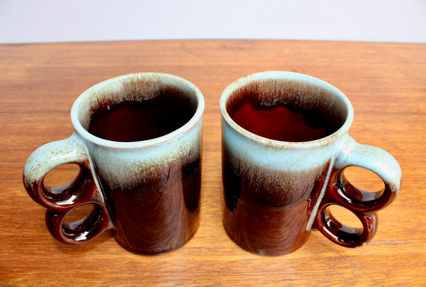 Pair of Evangeline Pottery Canada Trigger Mugs - Vintage Canuck Blue Mountain Style Reflowing Fat-Lava Technique - Crafted in Canada