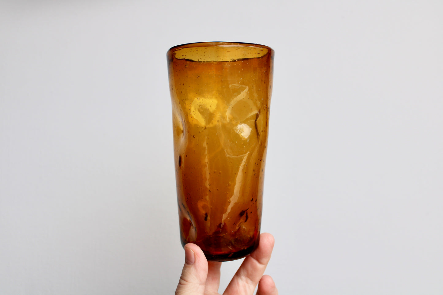 Blenko 418L Tall Honey Dimpled Tumbler, 6" Handcrafted Pinched Glass, Vintage West Virginia Mouth Blown Glass