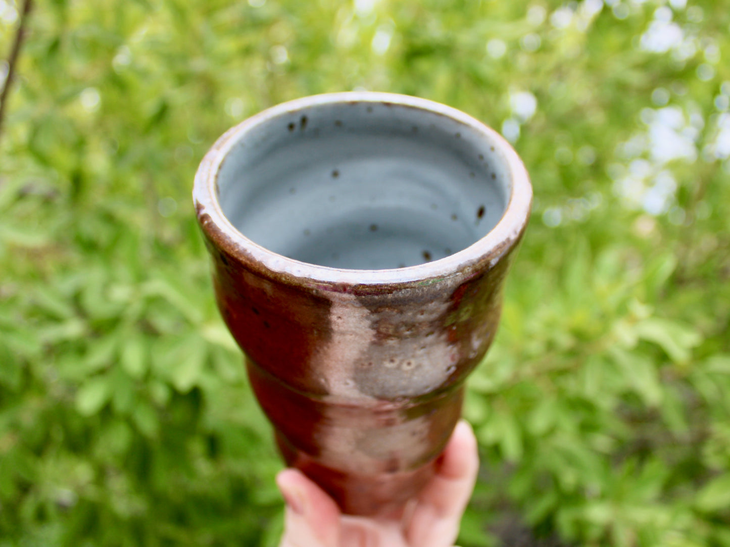 Tall Undulating Shino Glazed Tumbler - Slightly Iridescent w/ Large Matte Iron Flake Speckling & a Spotted Light-Grey Interior