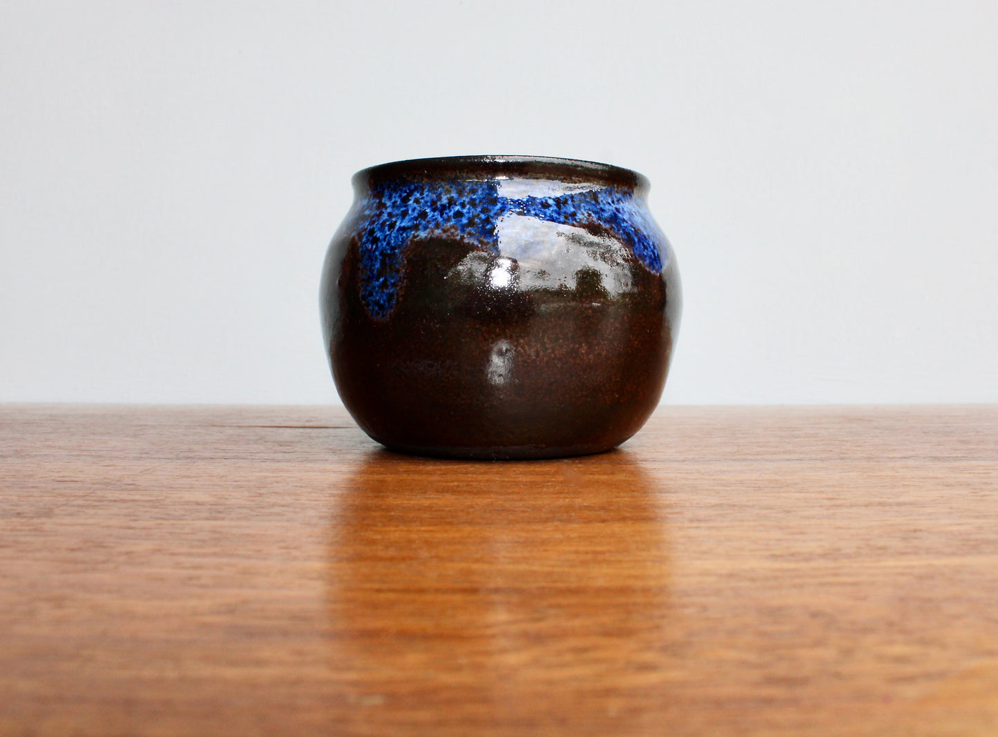 250ml Capacity Globe Mug, Dark Clay w/ Glassy Marbled Blue Glazed Rim-Drip Glaze, Dark Dark Stoneware Rounded Mug, Glossy Nearly Black Mug