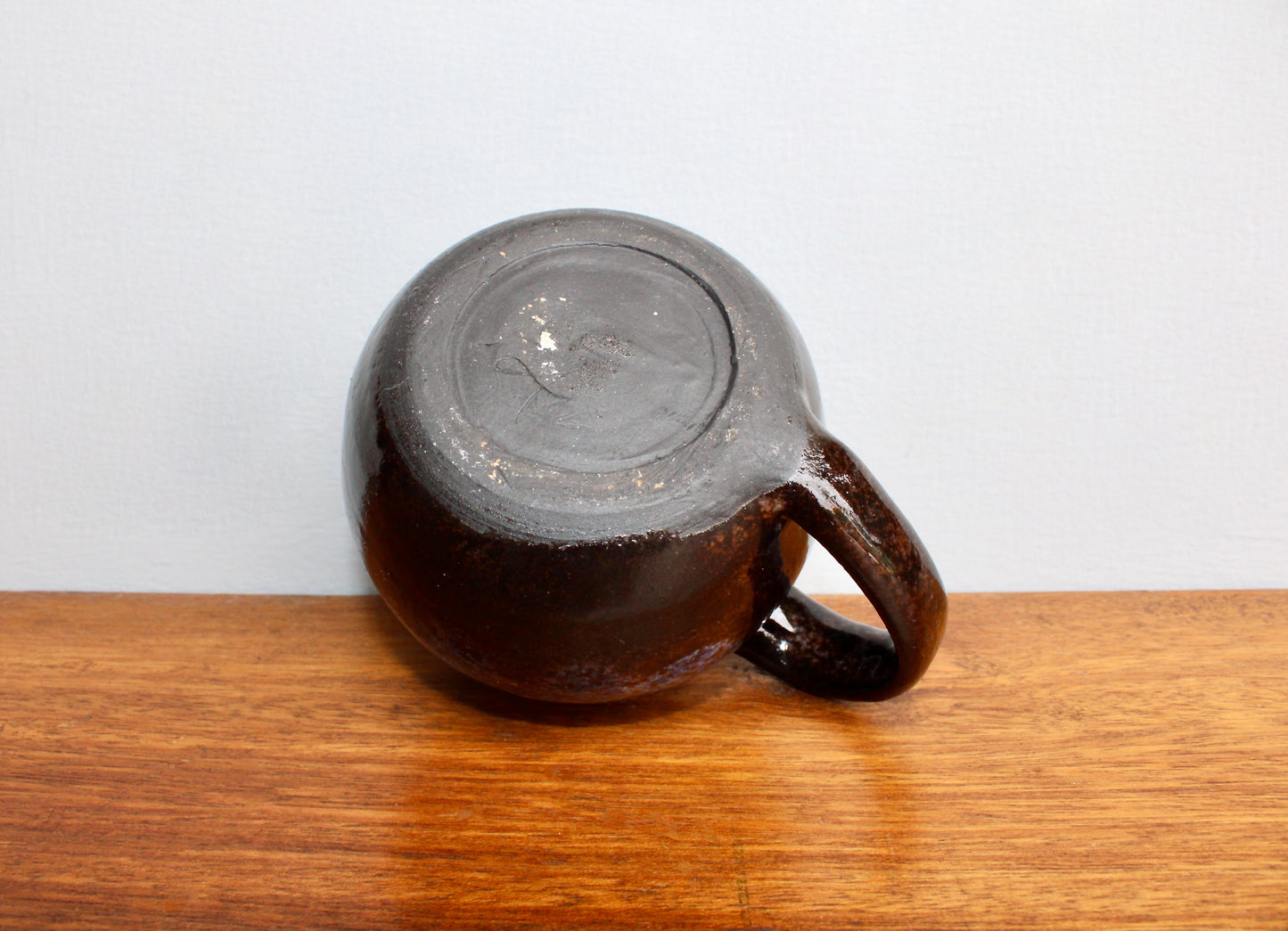 250ml Capacity Globe Mug, Dark Clay w/ Glassy Marbled Blue Glazed Rim-Drip Glaze, Dark Dark Stoneware Rounded Mug, Glossy Nearly Black Mug