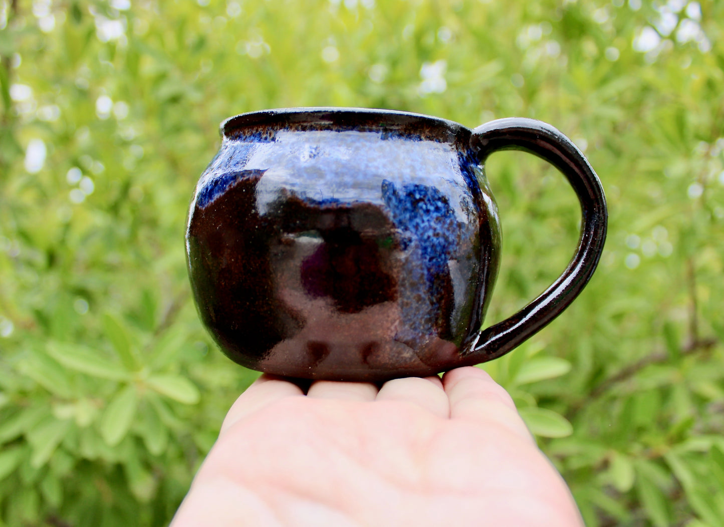 250ml Capacity Globe Mug, Dark Clay w/ Glassy Marbled Blue Glazed Rim-Drip Glaze, Dark Dark Stoneware Rounded Mug, Glossy Nearly Black Mug