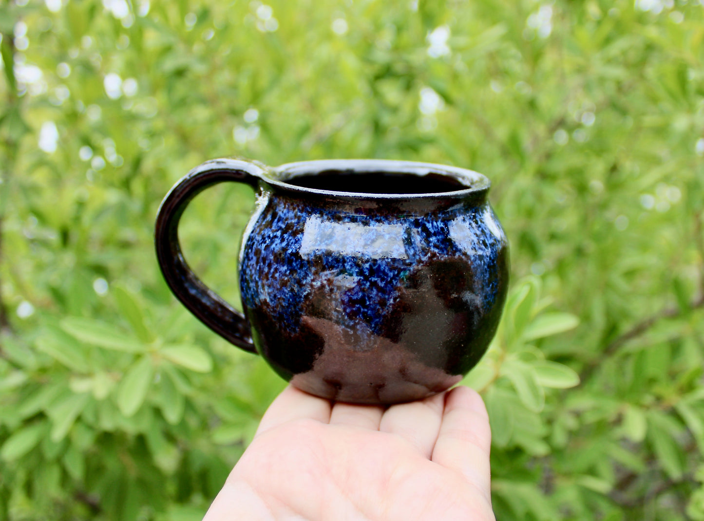 250ml Capacity Globe Mug, Dark Clay w/ Glassy Marbled Blue Glazed Rim-Drip Glaze, Dark Dark Stoneware Rounded Mug, Glossy Nearly Black Mug