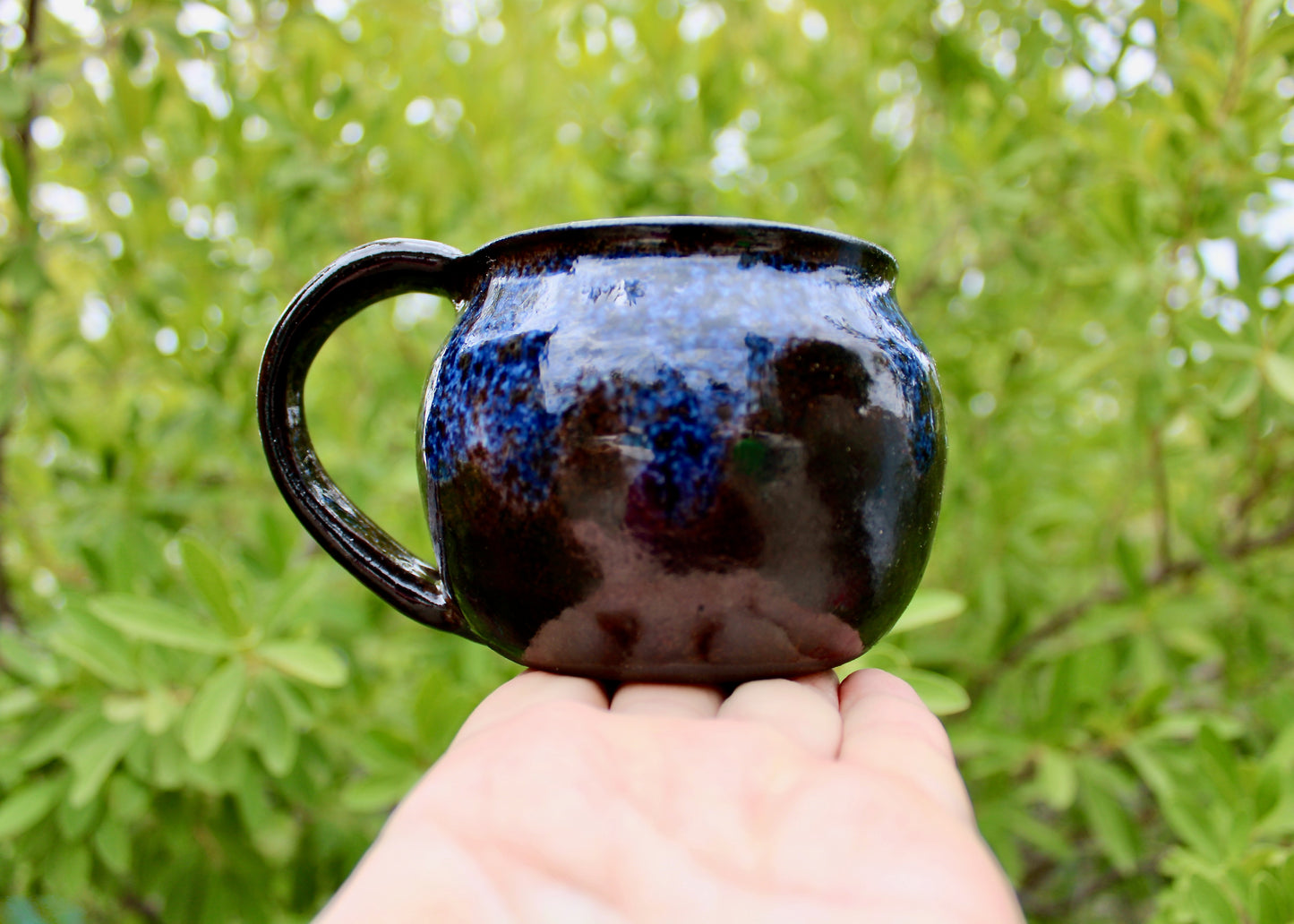 250ml Capacity Globe Mug, Dark Clay w/ Glassy Marbled Blue Glazed Rim-Drip Glaze, Dark Dark Stoneware Rounded Mug, Glossy Nearly Black Mug