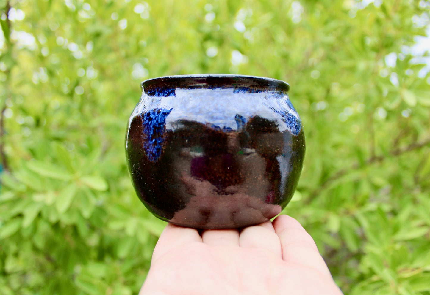 250ml Capacity Globe Mug, Dark Clay w/ Glassy Marbled Blue Glazed Rim-Drip Glaze, Dark Dark Stoneware Rounded Mug, Glossy Nearly Black Mug