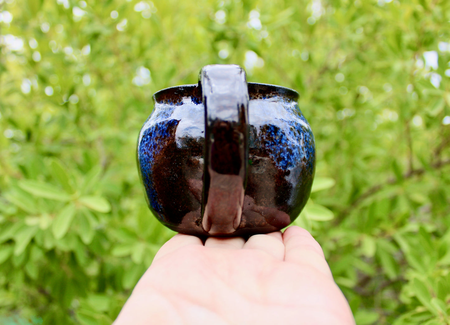 250ml Capacity Globe Mug, Dark Clay w/ Glassy Marbled Blue Glazed Rim-Drip Glaze, Dark Dark Stoneware Rounded Mug, Glossy Nearly Black Mug