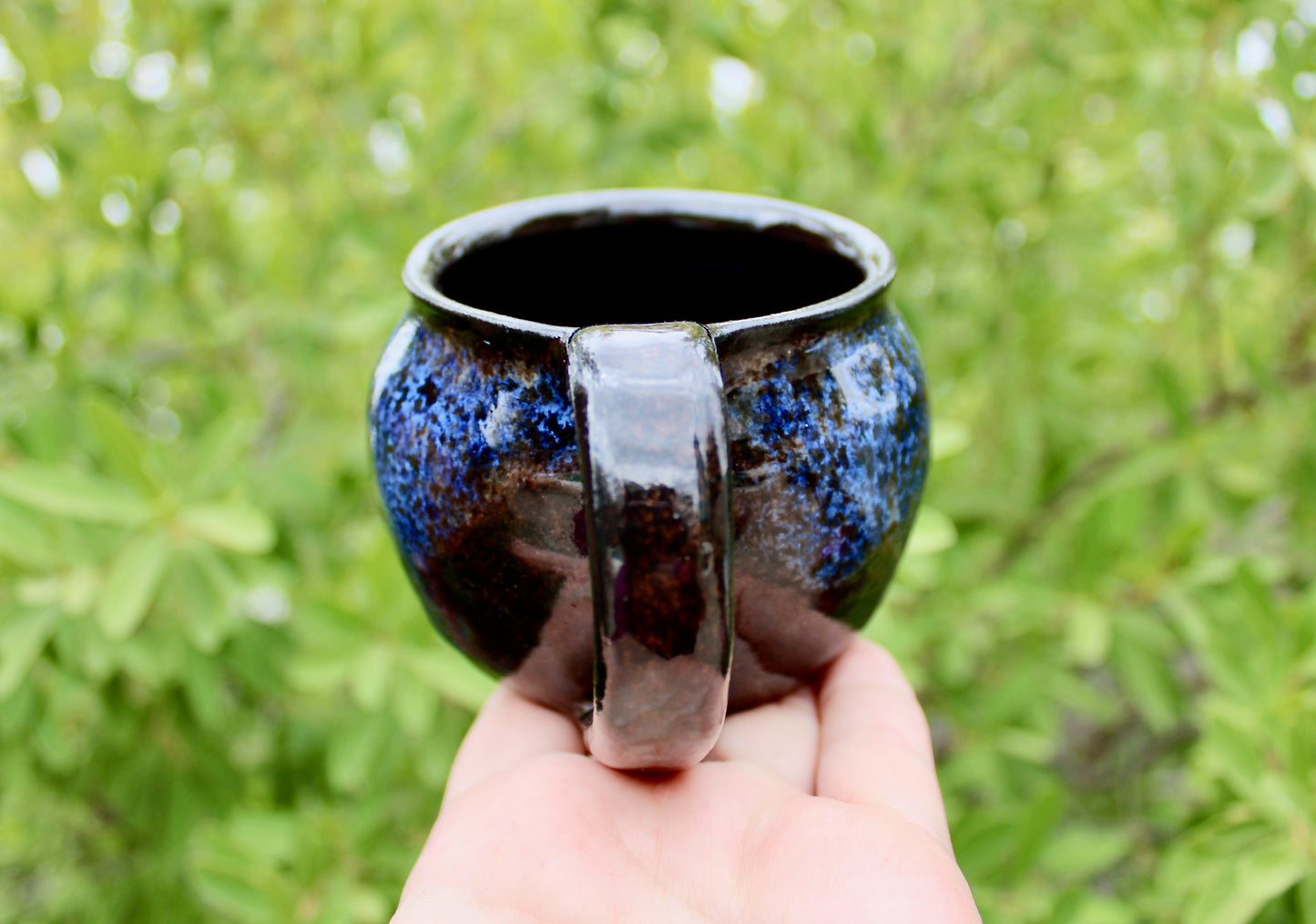 250ml Capacity Globe Mug, Dark Clay w/ Glassy Marbled Blue Glazed Rim-Drip Glaze, Dark Dark Stoneware Rounded Mug, Glossy Nearly Black Mug