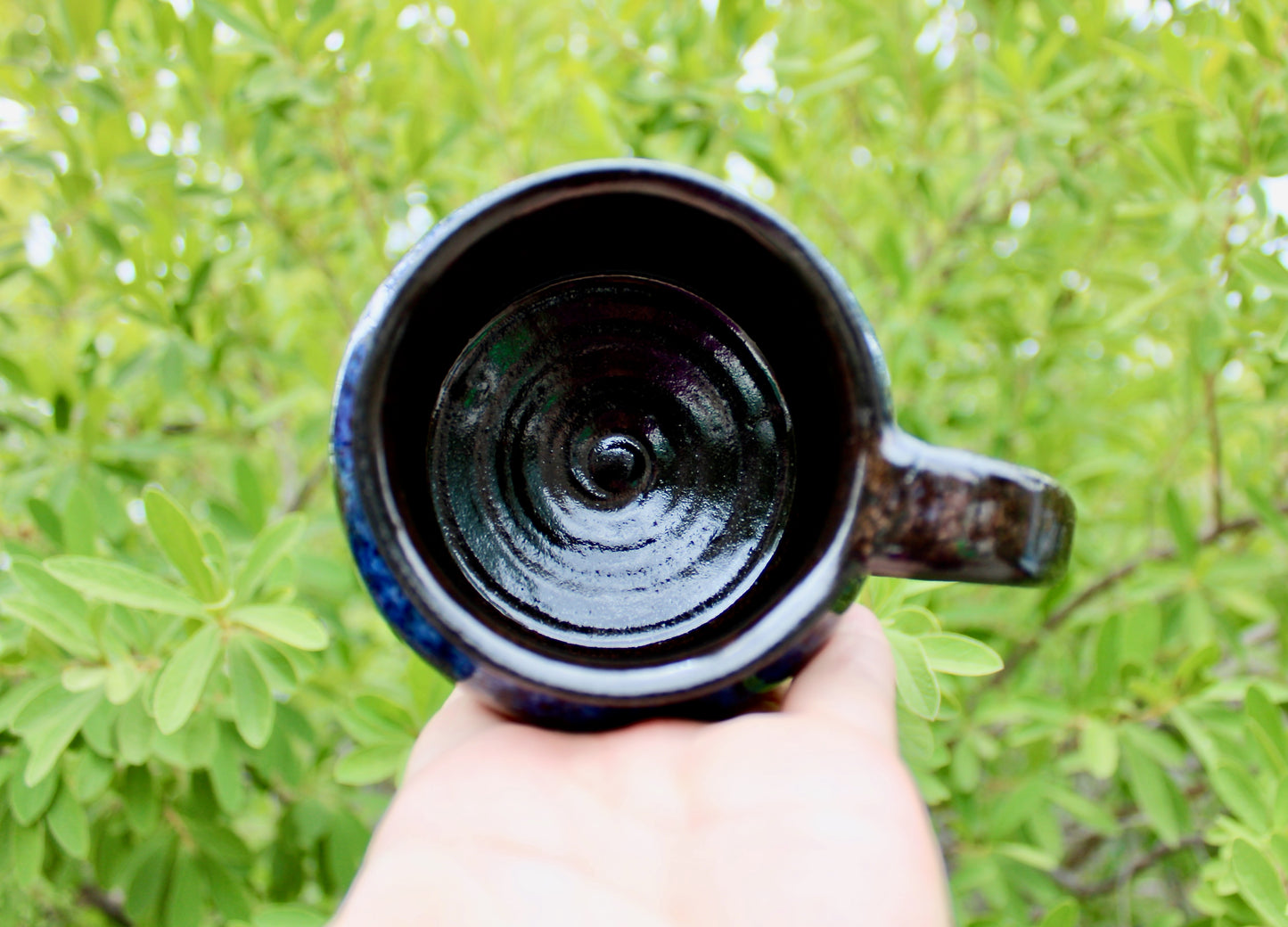 250ml Capacity Globe Mug, Dark Clay w/ Glassy Marbled Blue Glazed Rim-Drip Glaze, Dark Dark Stoneware Rounded Mug, Glossy Nearly Black Mug