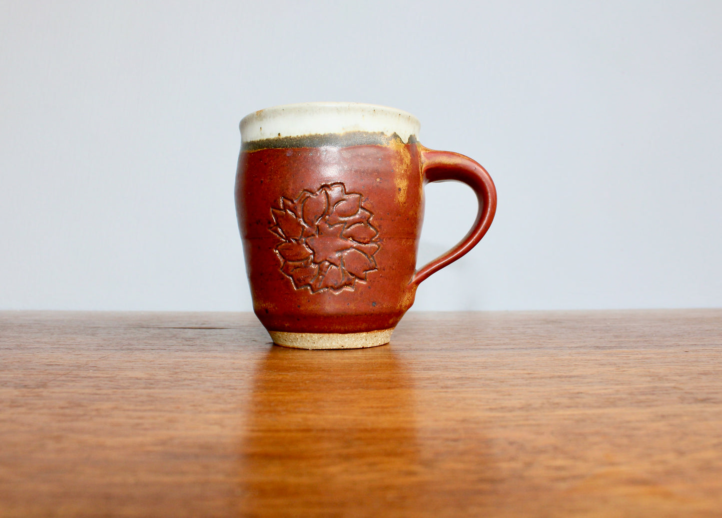 Etched Flower Decoration on Shaner Red Glazed Mug - 8oz Vintage Studio Pottery w/ Vellum Shaner-Red Glaze - Highly Speckled Matte White Interior - Handcrafted Studio Pottery