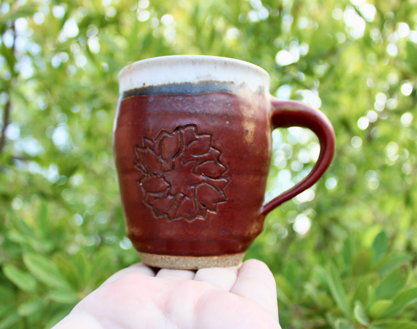 Etched Flower Decoration on Shaner Red Glazed Mug - 8oz Vintage Studio Pottery w/ Vellum Shaner-Red Glaze - Highly Speckled Matte White Interior - Handcrafted Studio Pottery