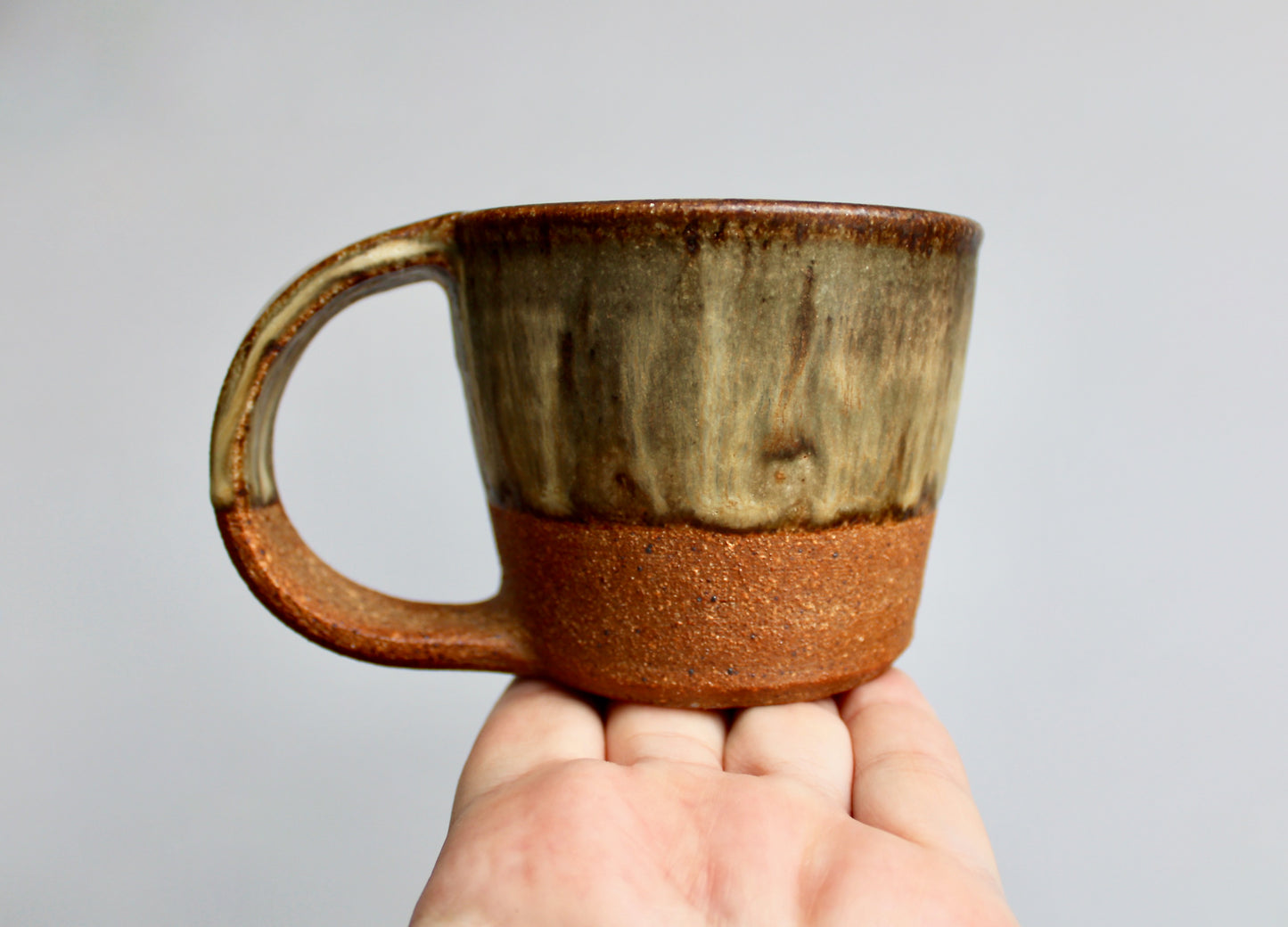 Olive Green & Ochre Glazed Stoneware Mug - Cactus Hand Mark - Handcrafted Minimalist Studio Pottery Mug