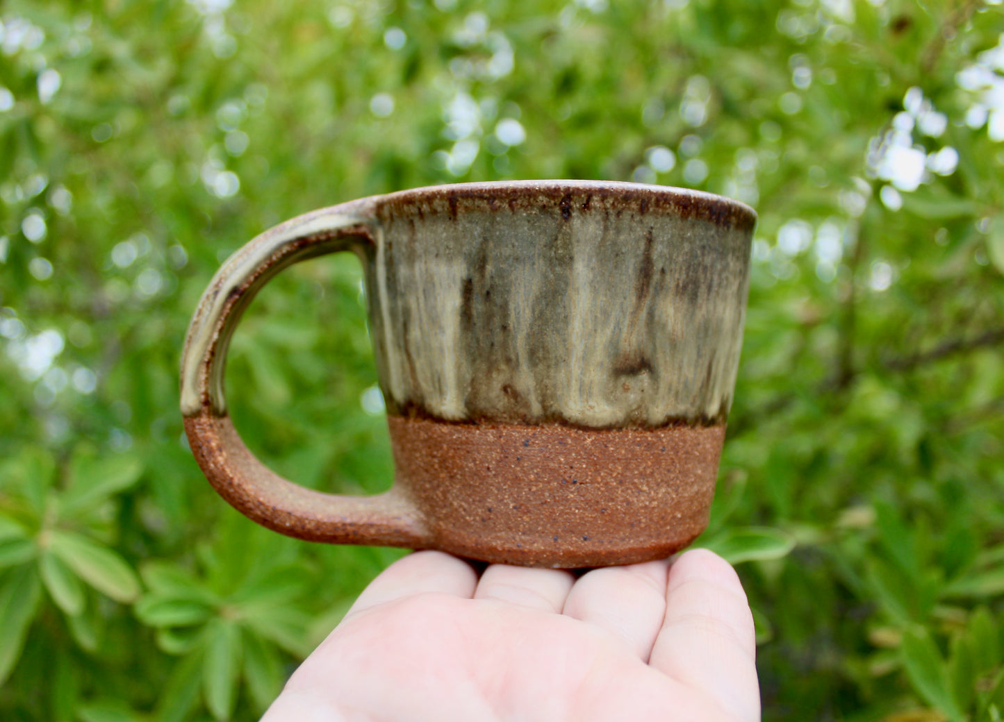 Olive Green & Ochre Glazed Stoneware Mug - Cactus Hand Mark - Handcrafted Minimalist Studio Pottery Mug
