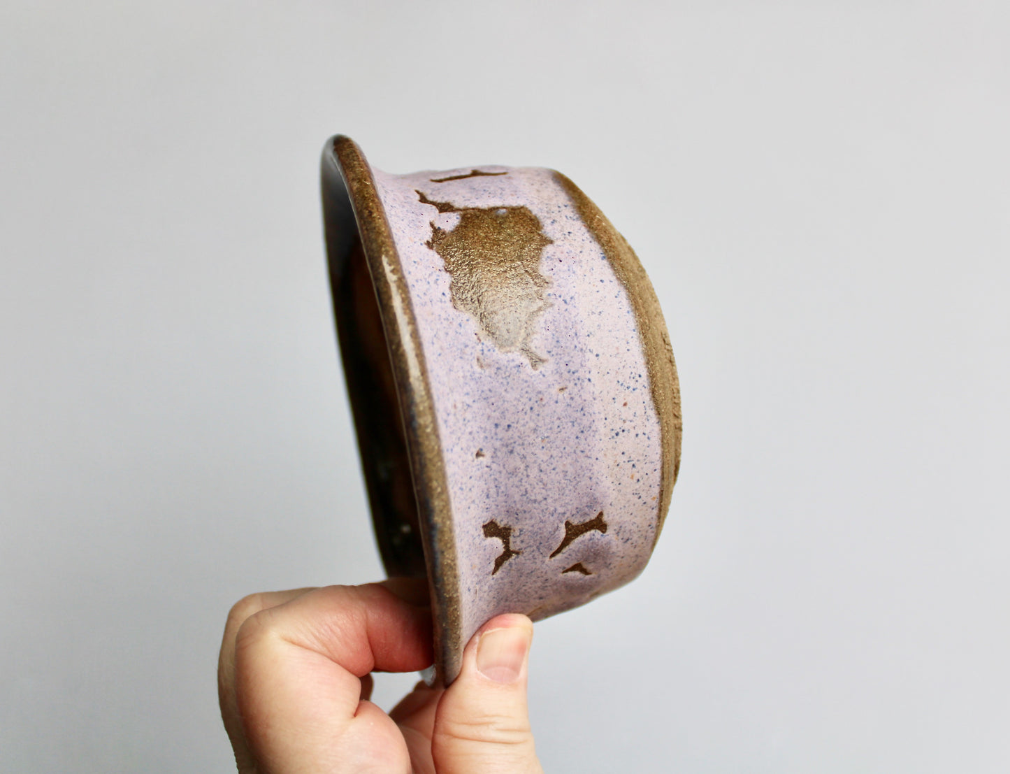 JK Pottery Stoneware Bowl - Crawling Matte Purple Exterior w/ Marbled Glossy Pink Rim & Orange-Yellow Interior - Vintage Handcrafted Studio Pottery