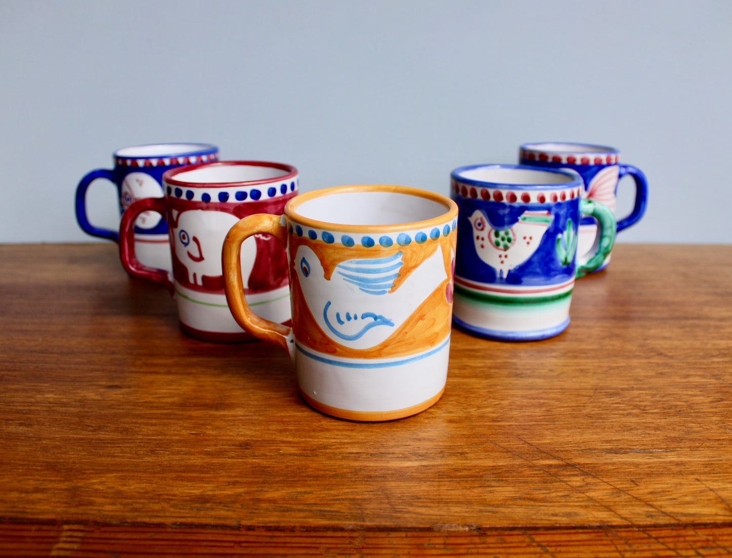 SOLD: 1984 Italy Vietri Mug in Campagna Bird (Uccello) Decoration - Yellow-Orange Mid Century Italy Earthenware