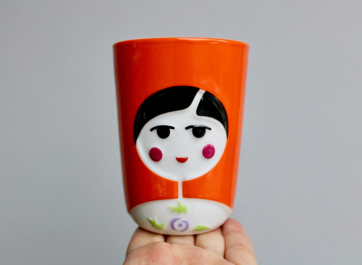 QDO Folklore Collection - 21st Century Benneton-Style Design Think-Tank - QDO (Copenhagen 2004) Quality Porcelain - Orange Variant Sofia Kokeshi Double-Walled Cup in Orange & Black