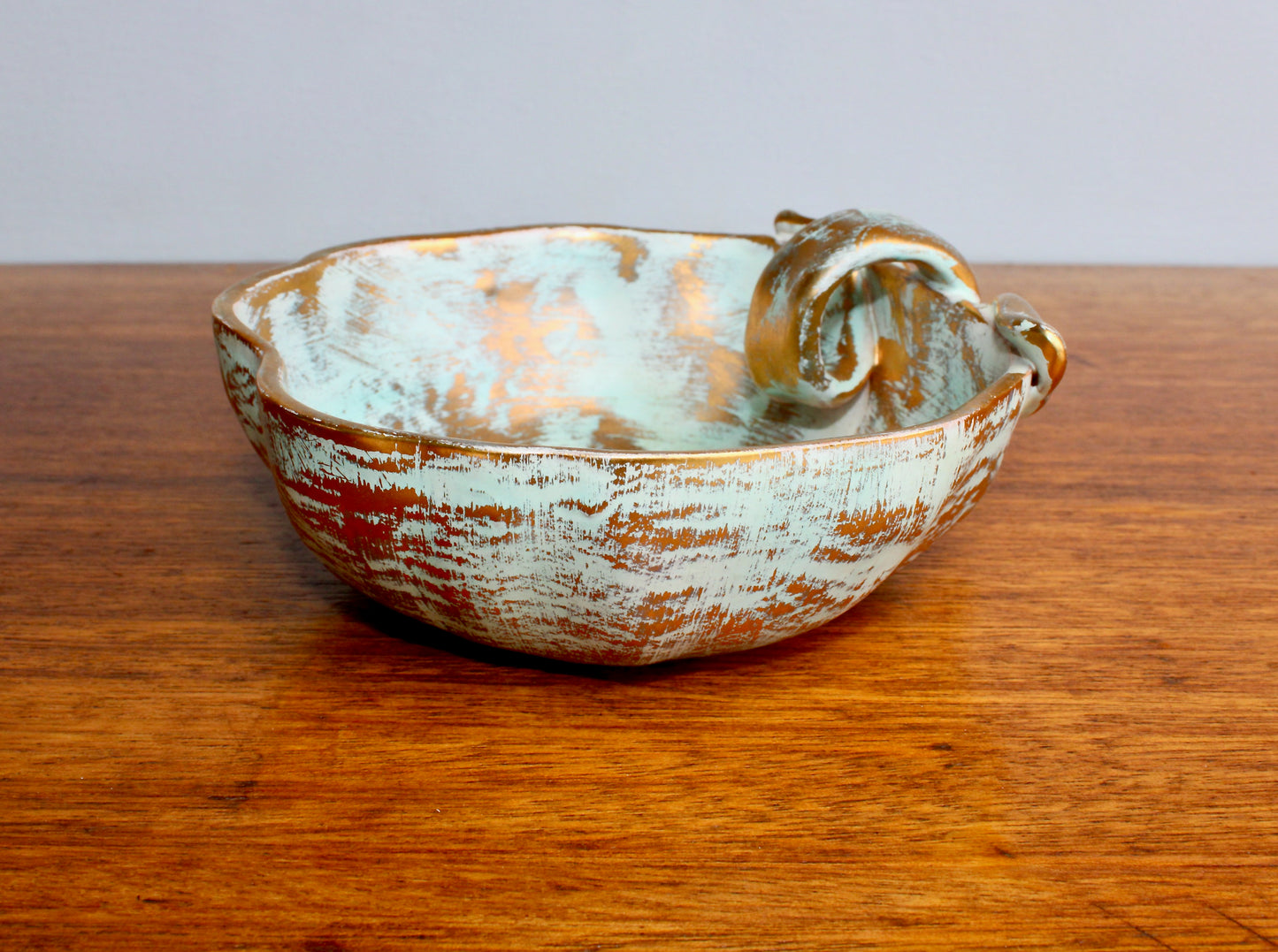 1957 Stangl Potteries Apple Shaped Bowl  In Antique Gold - STANGL of Trenton New Jersey - Brushed Gold over Green Glaze