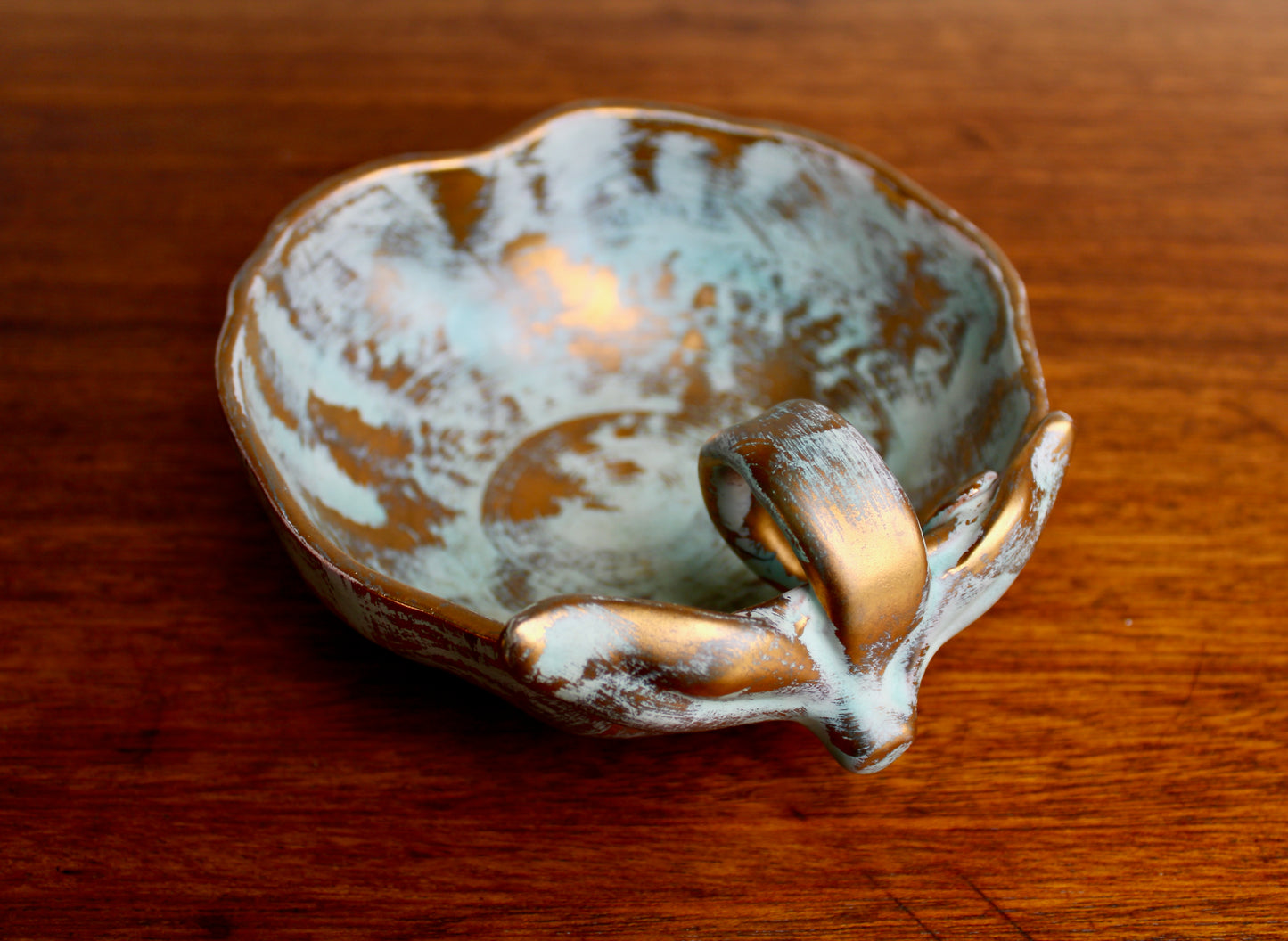 1957 Stangl Potteries Apple Shaped Bowl  In Antique Gold - STANGL of Trenton New Jersey - Brushed Gold over Green Glaze