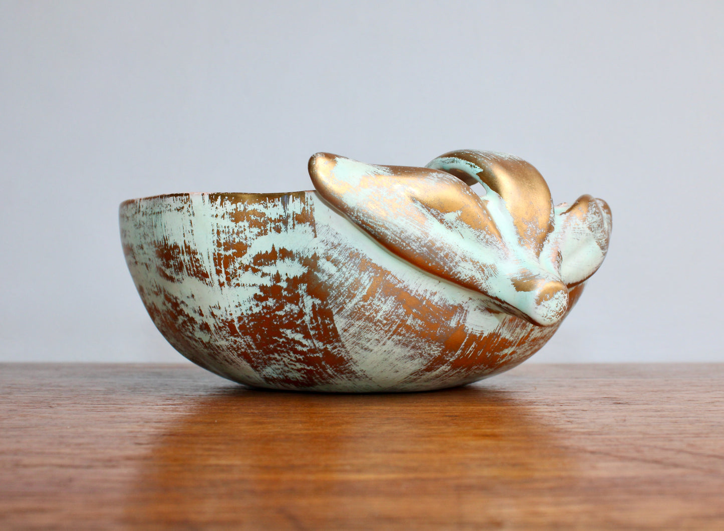 1957 Stangl Potteries Apple Shaped Bowl  In Antique Gold - STANGL of Trenton New Jersey - Brushed Gold over Green Glaze