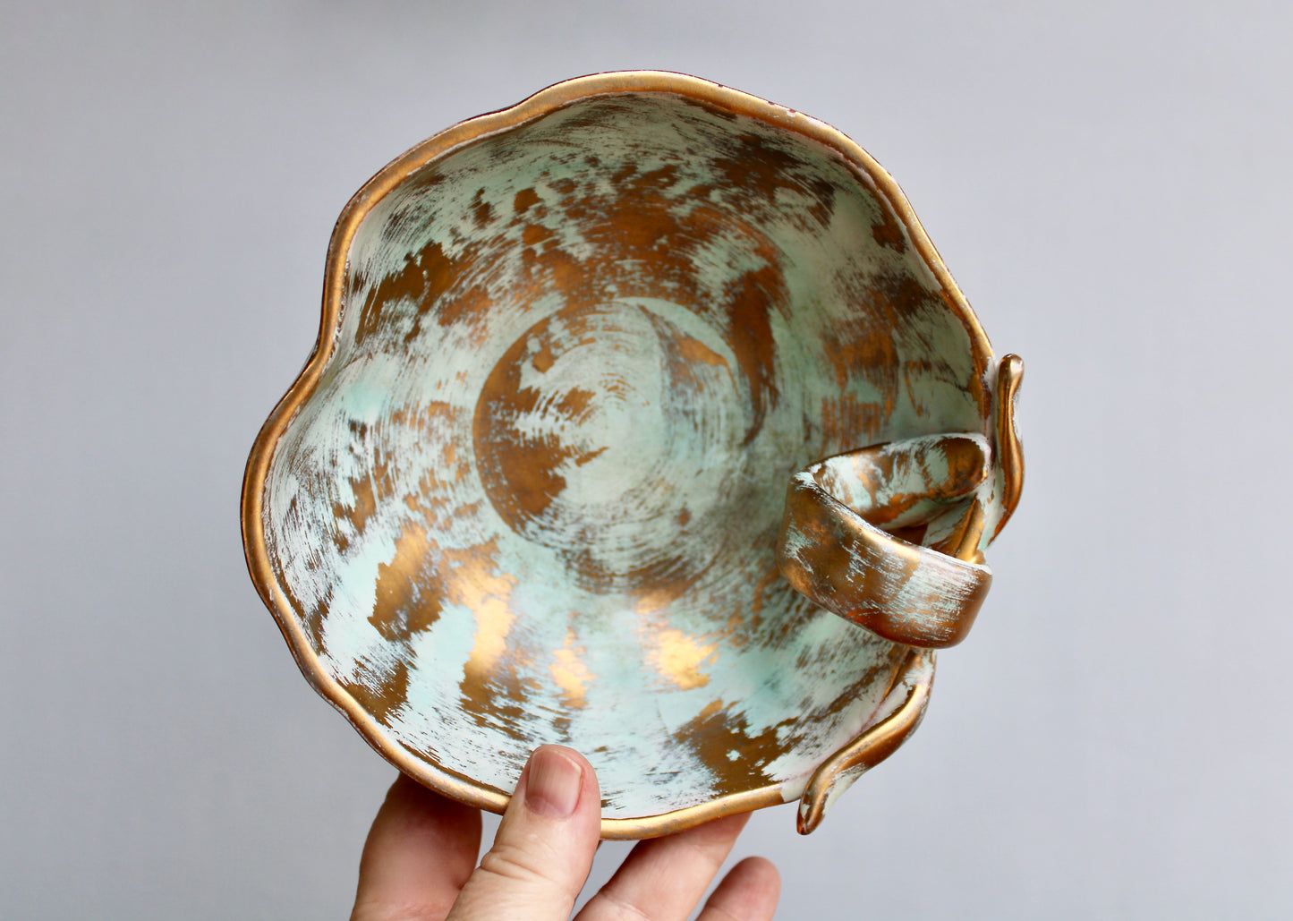 1957 Stangl Potteries Apple Shaped Bowl  In Antique Gold - STANGL of Trenton New Jersey - Brushed Gold over Green Glaze