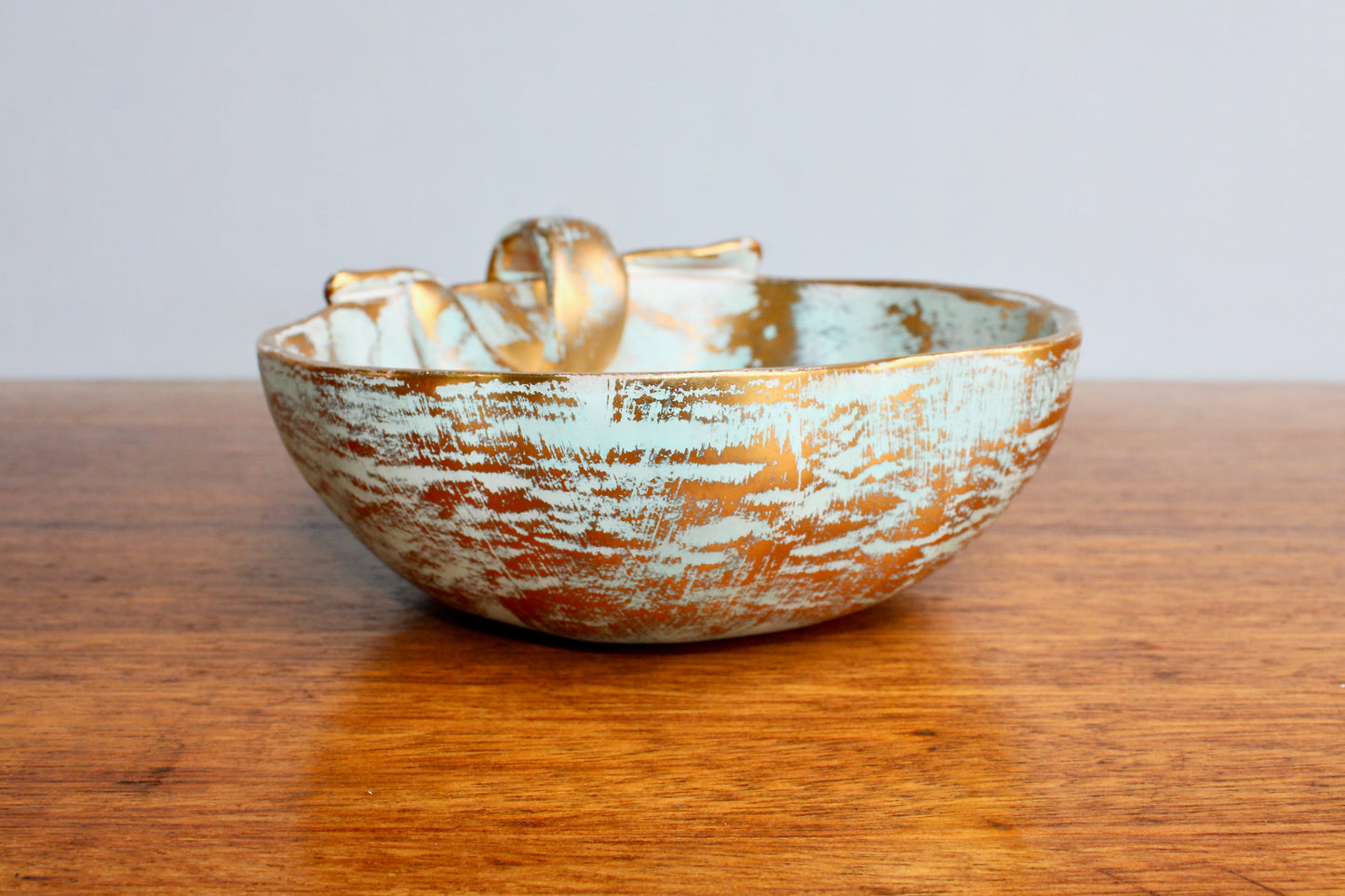 1957 Stangl Potteries Apple Shaped Bowl  In Antique Gold - STANGL of Trenton New Jersey - Brushed Gold over Green Glaze