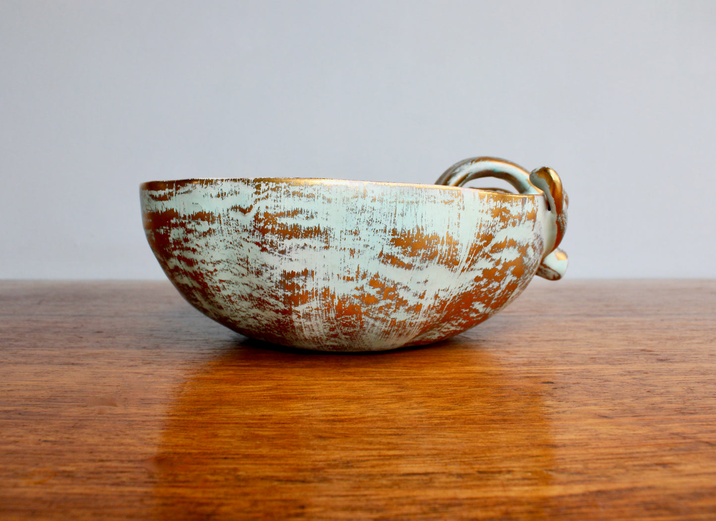 1957 Stangl Potteries Apple Shaped Bowl  In Antique Gold - STANGL of Trenton New Jersey - Brushed Gold over Green Glaze