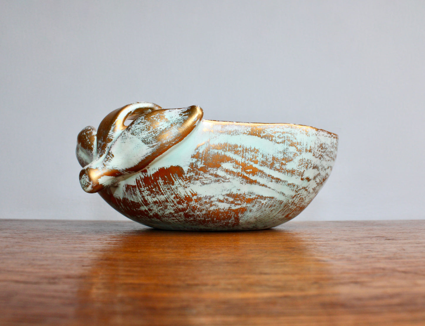 1957 Stangl Potteries Apple Shaped Bowl  In Antique Gold - STANGL of Trenton New Jersey - Brushed Gold over Green Glaze