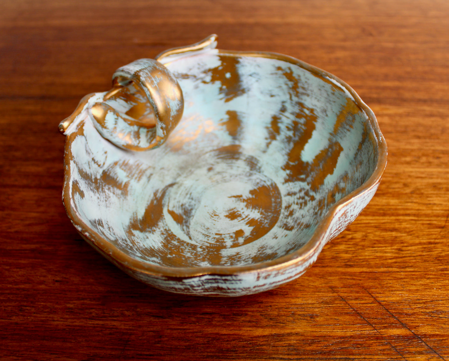 1957 Stangl Potteries Apple Shaped Bowl  In Antique Gold - STANGL of Trenton New Jersey - Brushed Gold over Green Glaze