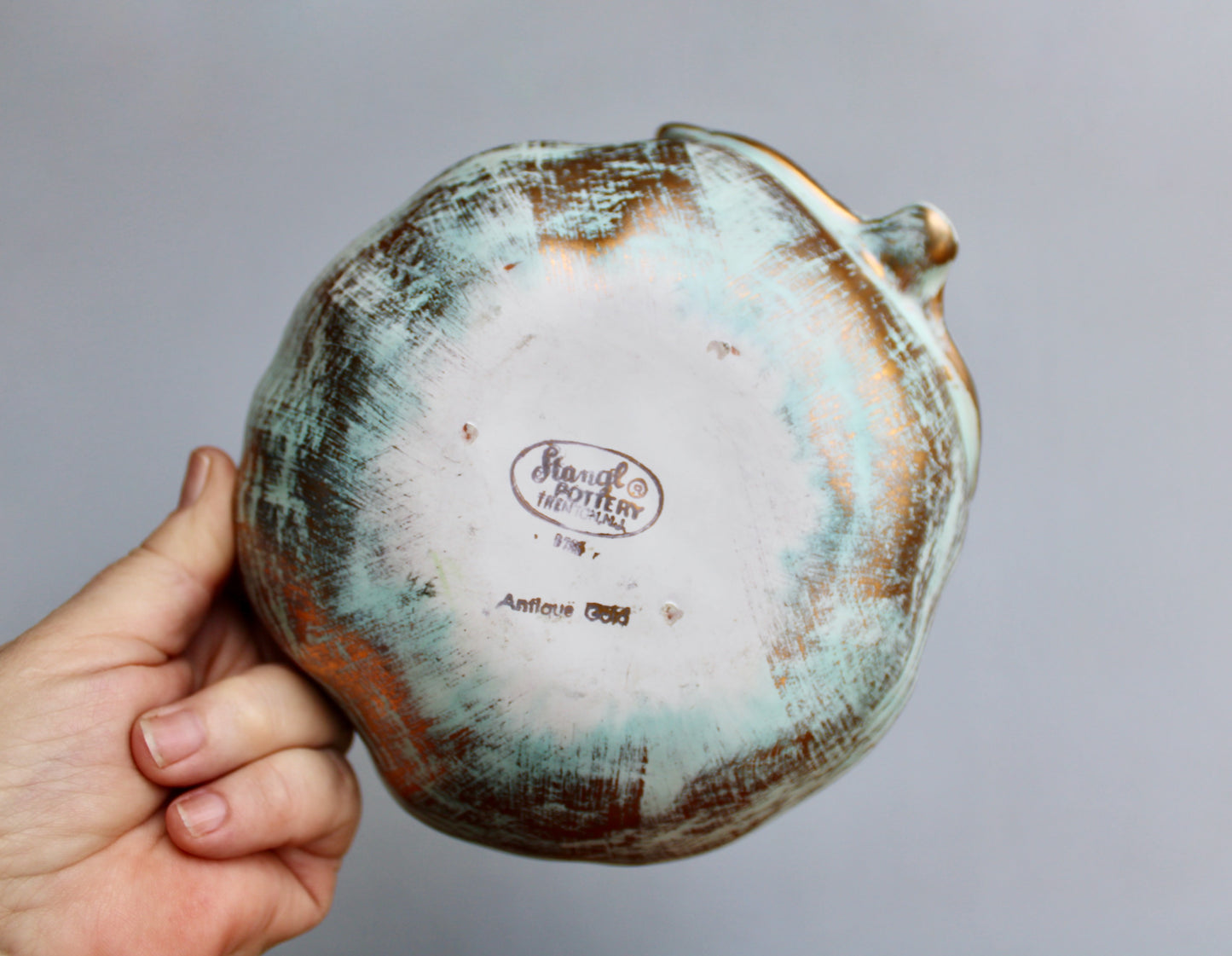 1957 Stangl Potteries Apple Shaped Bowl  In Antique Gold - STANGL of Trenton New Jersey - Brushed Gold over Green Glaze