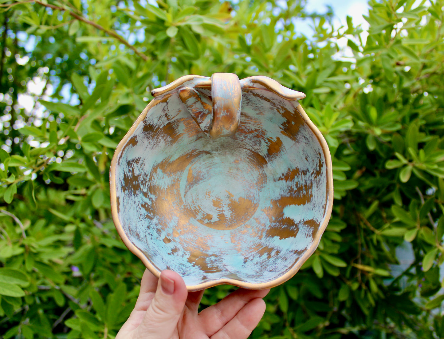 1957 Stangl Potteries Apple Shaped Bowl  In Antique Gold - STANGL of Trenton New Jersey - Brushed Gold over Green Glaze