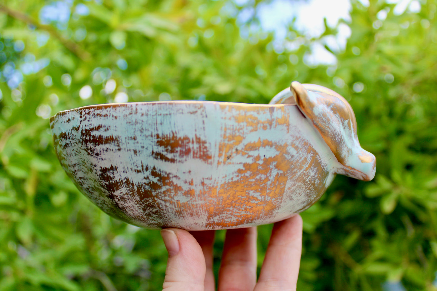 1957 Stangl Potteries Apple Shaped Bowl  In Antique Gold - STANGL of Trenton New Jersey - Brushed Gold over Green Glaze