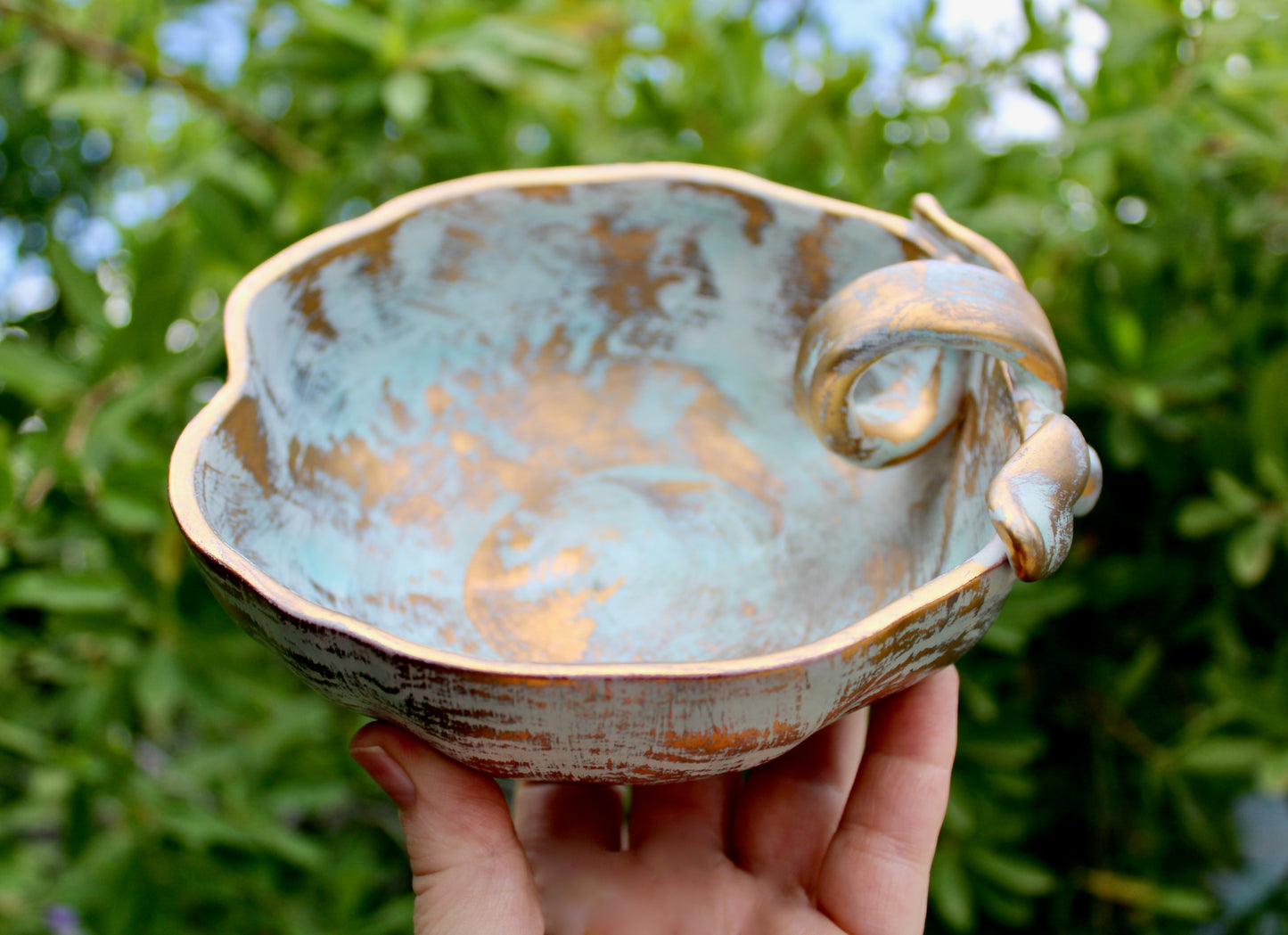 1957 Stangl Potteries Apple Shaped Bowl  In Antique Gold - STANGL of Trenton New Jersey - Brushed Gold over Green Glaze