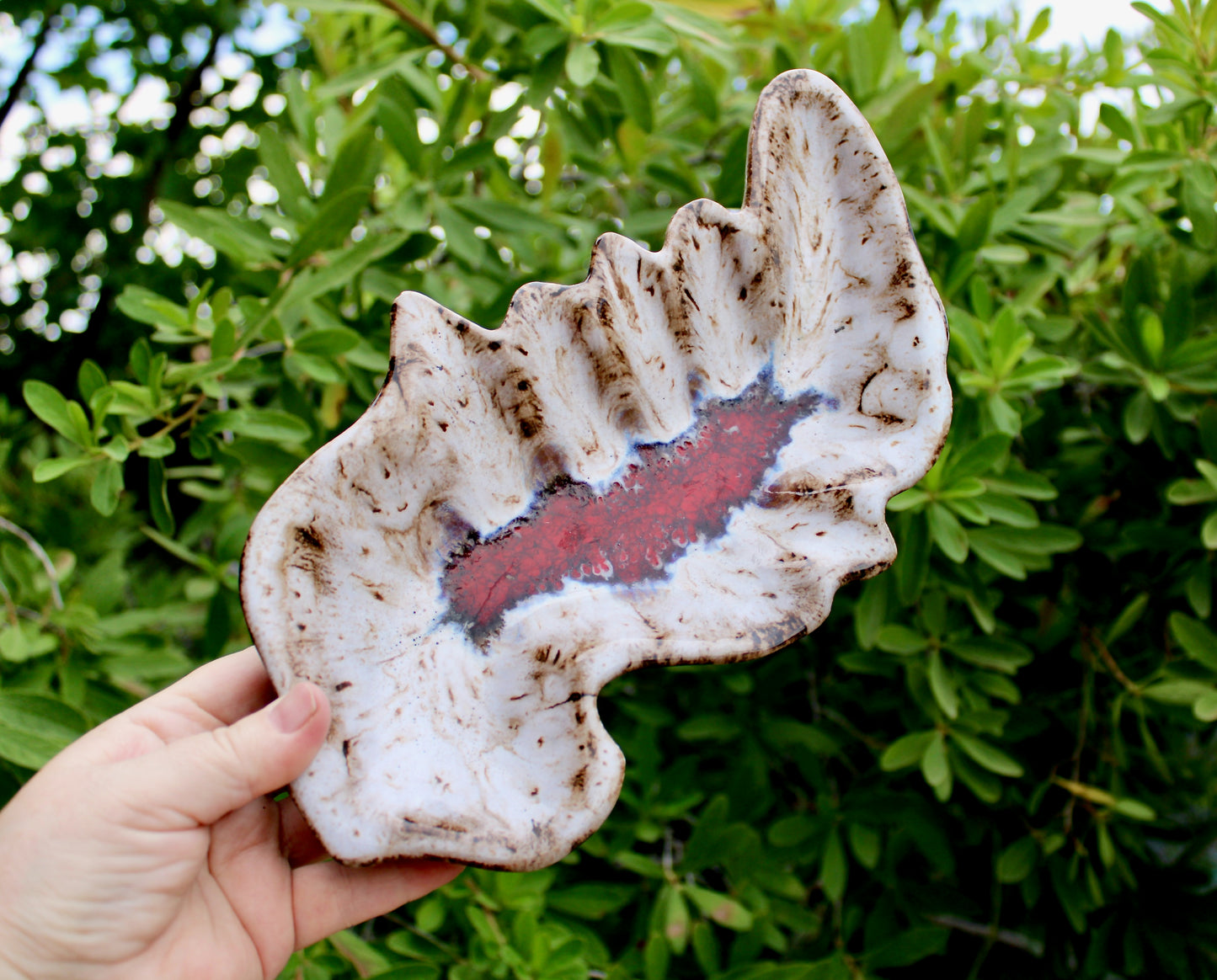 MCM California Pottery Biomorphic Shaped Ashtray in Rich Lava Glaze & Ruby Glass-Frit Interior Base